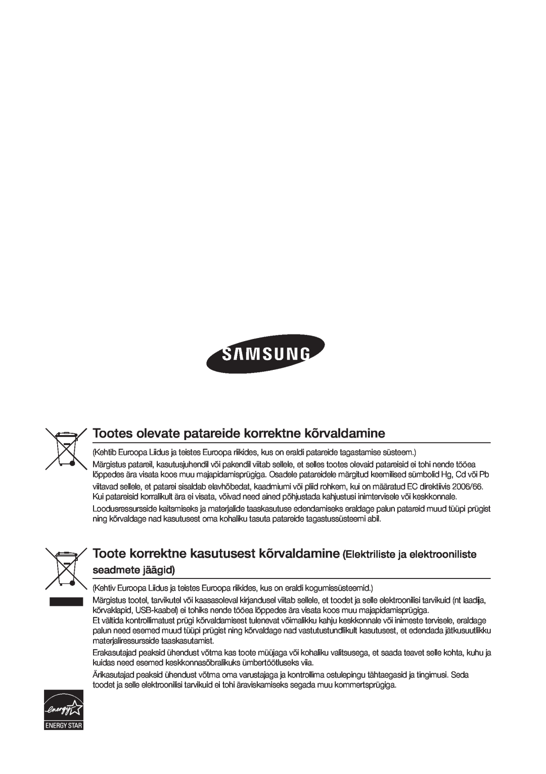 Samsung BD-E6300/EN manual Tootes olevate patareide korrektne kõrvaldamine 