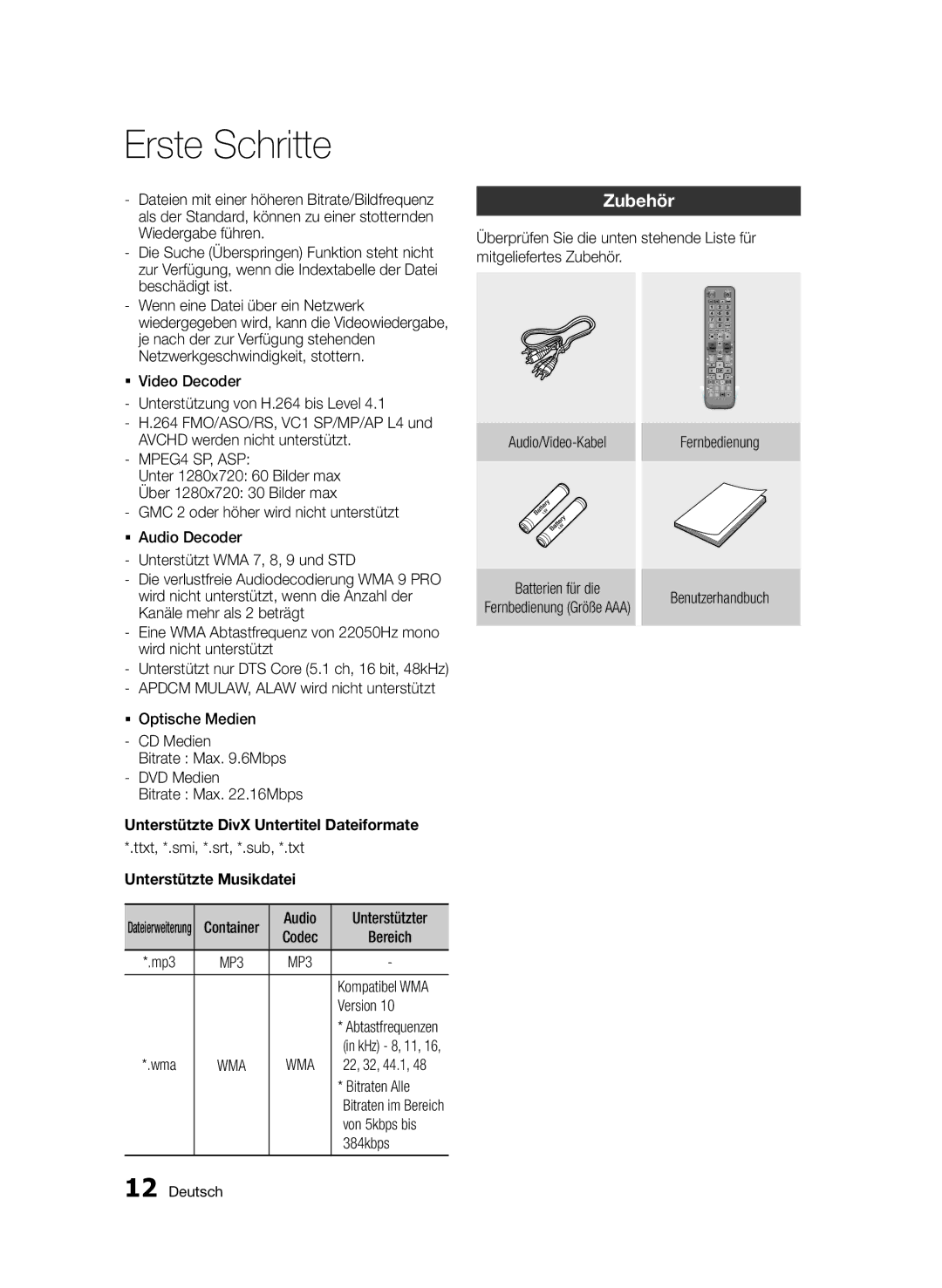 Samsung BD-E6300S/EN manual Zubehör, MPEG4 SP, ASP, Unterstützte Musikdatei 