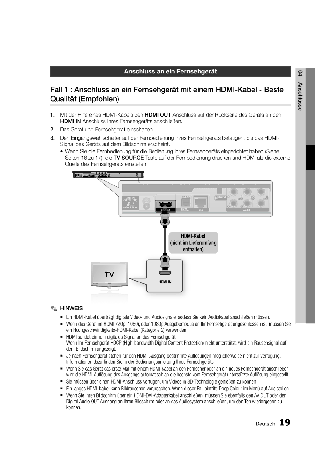 Samsung BD-E6300S/EN manual Anschluss an ein Fernsehgerät, Können, Anschlüsse Deutsch 