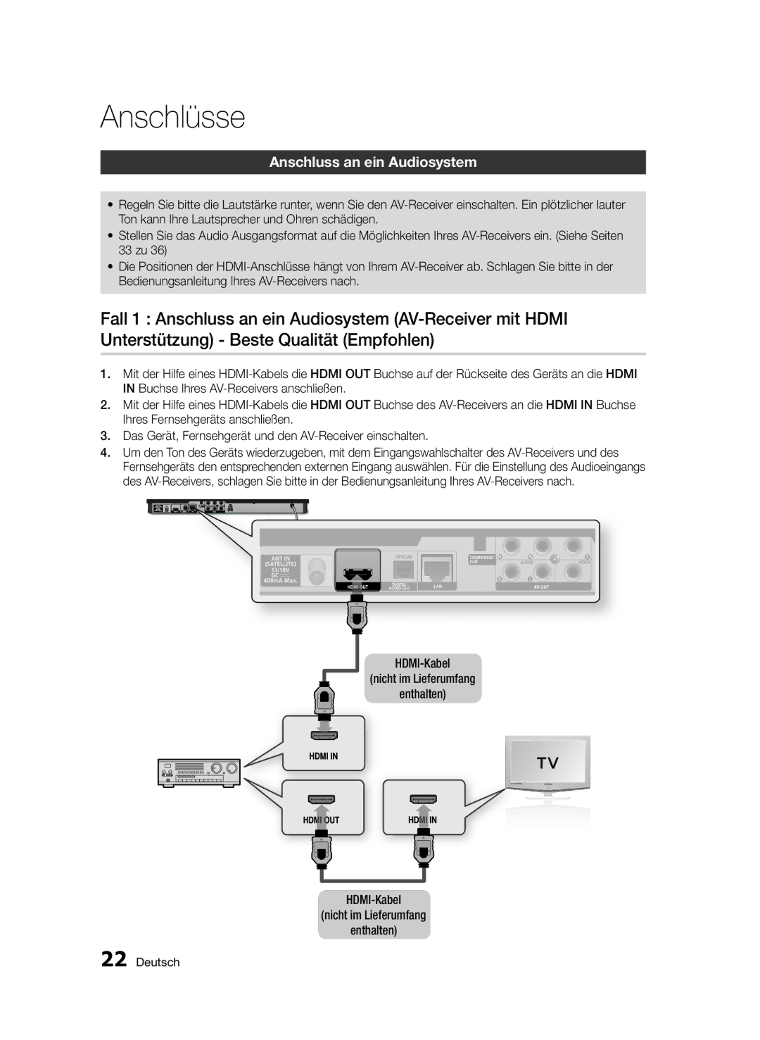 Samsung BD-E6300S/EN manual Anschluss an ein Audiosystem, HDMI-Kabel Nicht im Lieferumfang Enthalten 