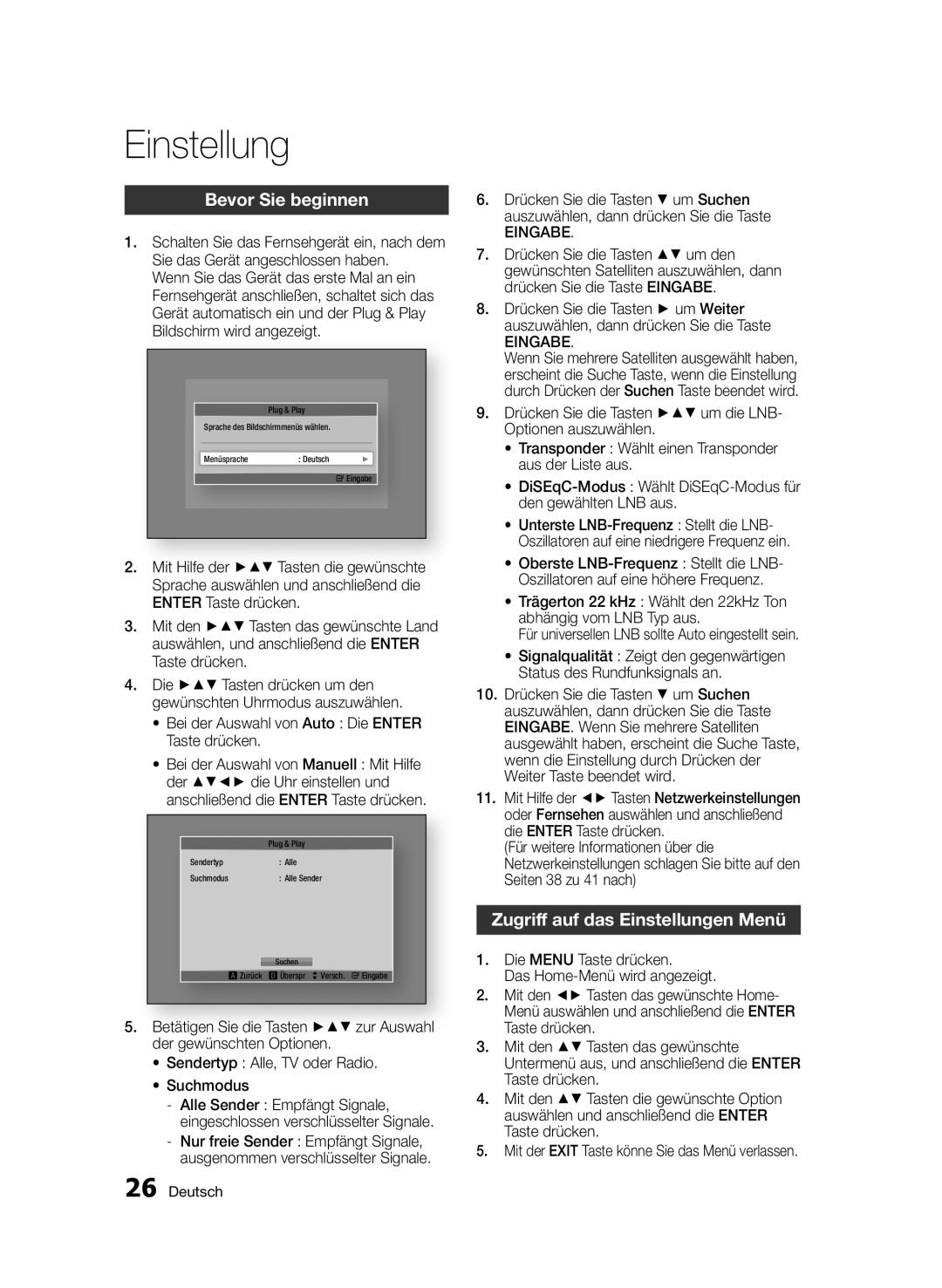 Samsung BD-E6300S/EN manual Bevor Sie beginnen, Zugriff auf das Einstellungen Menü, Eingabe 