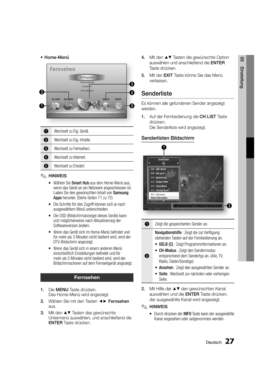 Samsung BD-E6300S/EN manual Fernsehen, Senderlisten Bildschirm, Home-Menü 