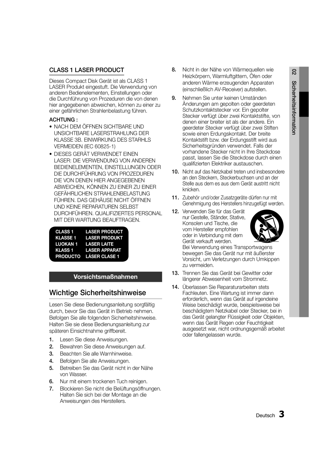 Samsung BD-E6300S/EN manual Wichtige Sicherheitshinweise, Vorsichtsmaßnahmen, Sicherheitsinformation Deutsch 