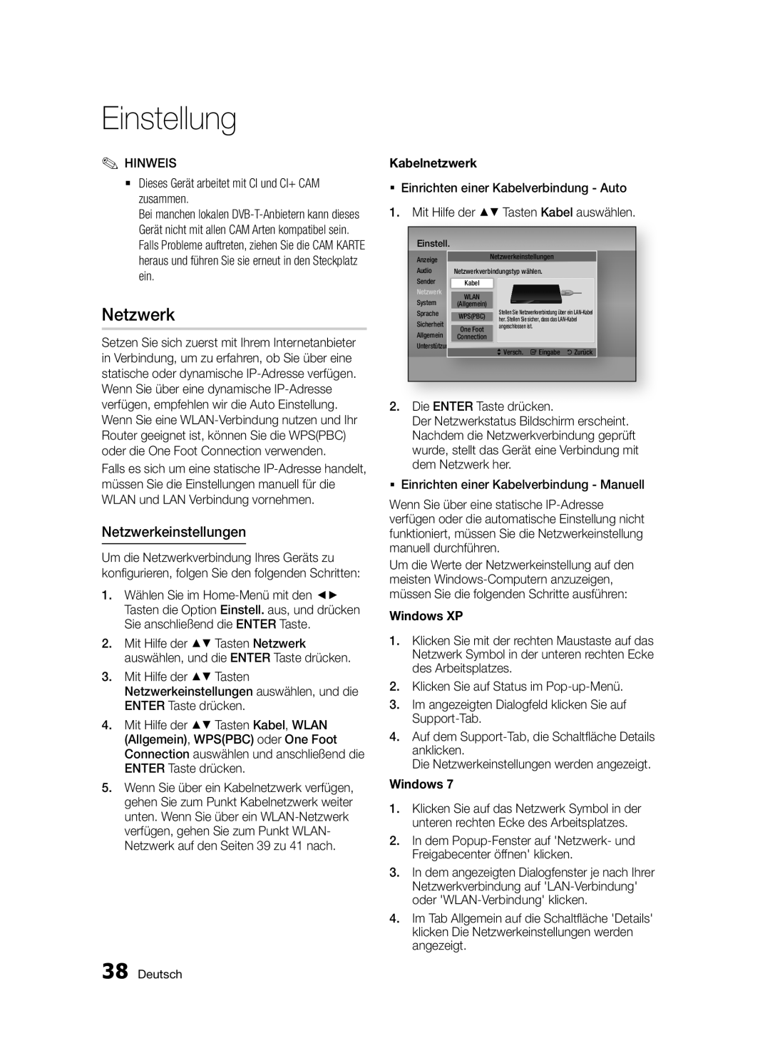 Samsung BD-E6300S/EN manual Netzwerkeinstellungen, Kabelnetzwerk, Windows XP 