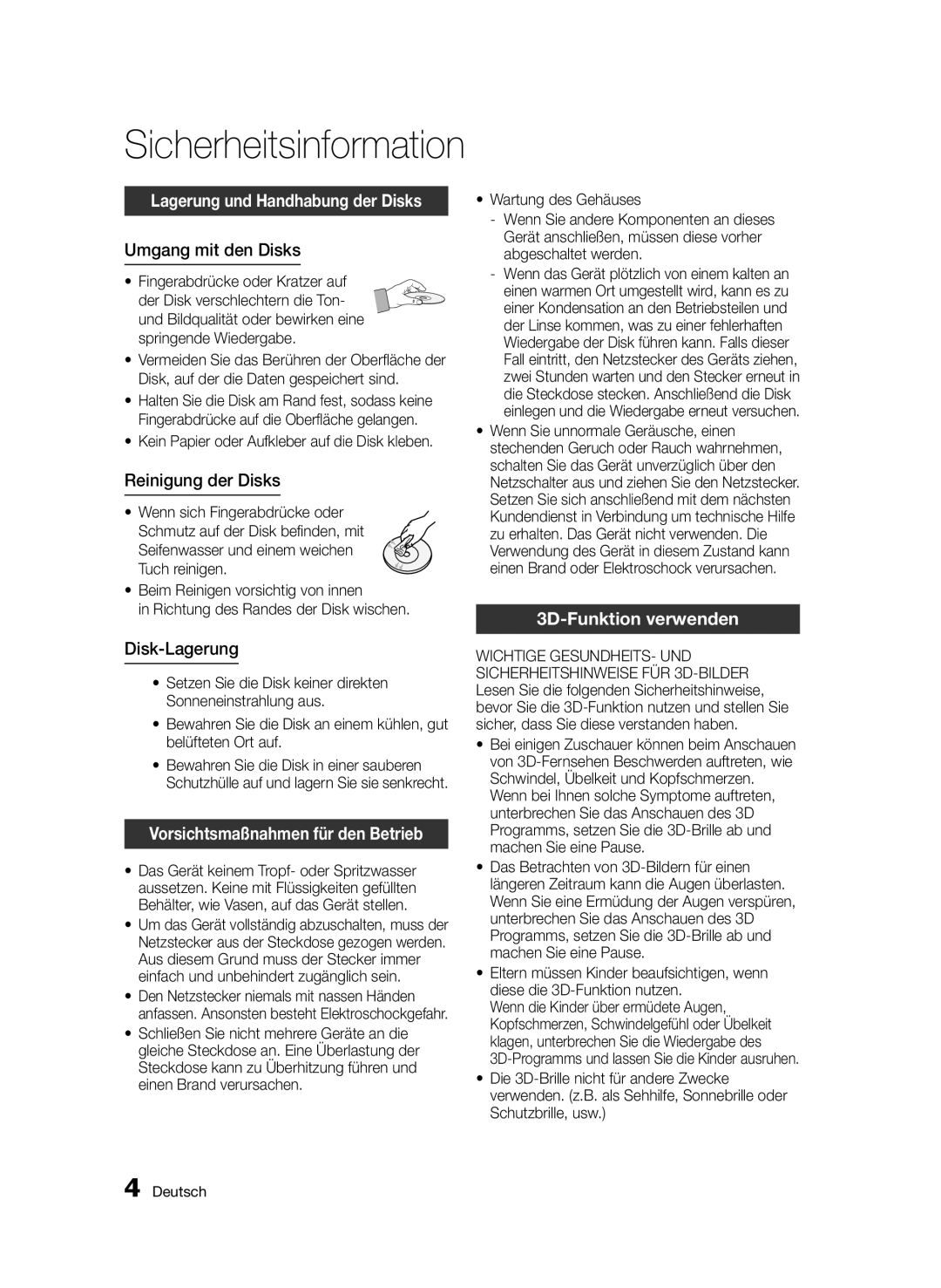 Samsung BD-E6300S/EN manual Lagerung und Handhabung der Disks, Vorsichtsmaßnahmen für den Betrieb, 3D-Funktion verwenden 