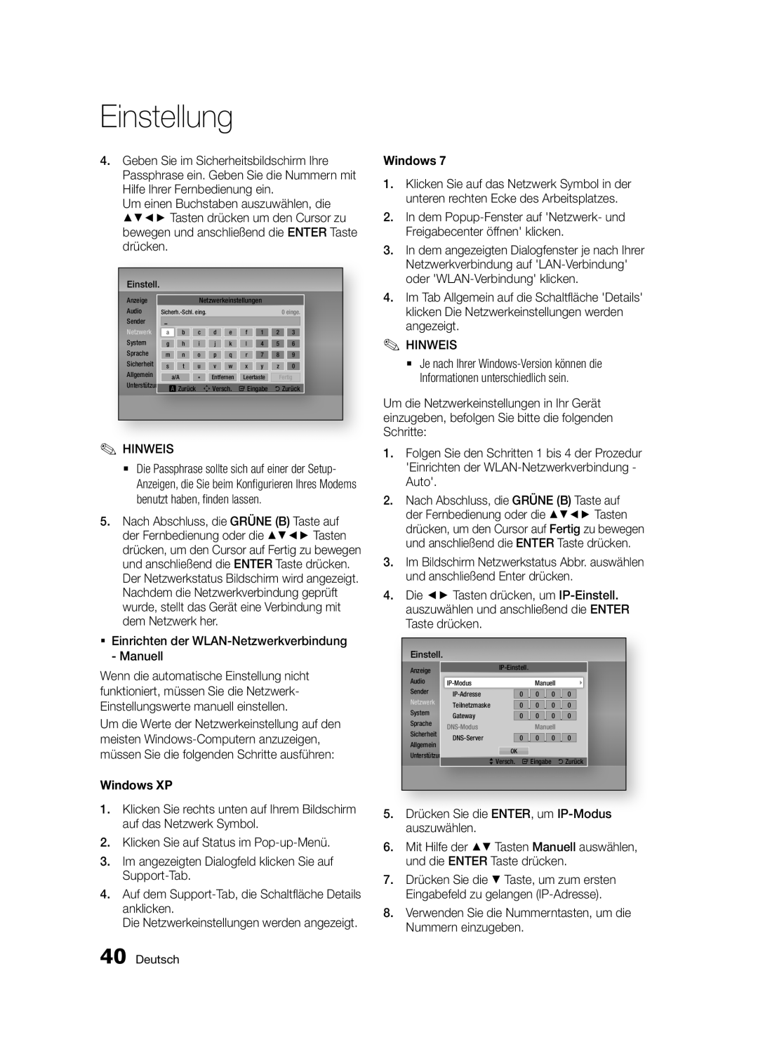 Samsung BD-E6300S/EN ƒƒ Einrichten der WLAN-Netzwerkverbindung Manuell, Und anschließend Enter drücken, Taste drücken 