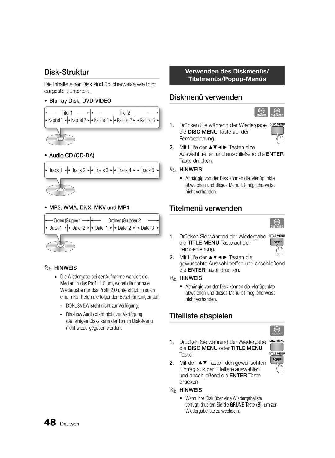 Samsung BD-E6300S/EN manual Disk-Struktur, Diskmenü verwenden, Titelmenü verwenden, Titelliste abspielen 