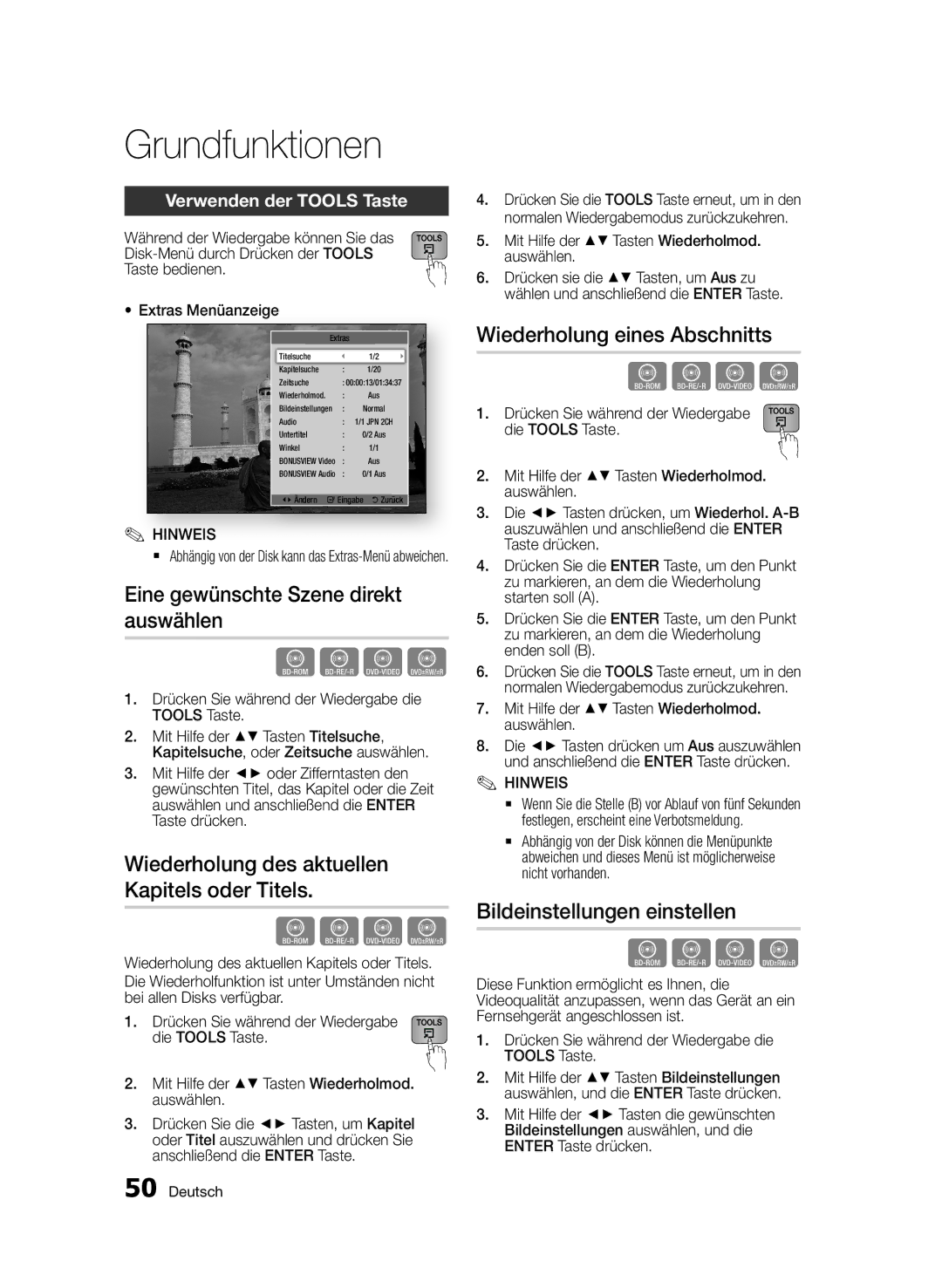 Samsung BD-E6300S/EN manual Eine gewünschte Szene direkt auswählen, Wiederholung des aktuellen Kapitels oder Titels 