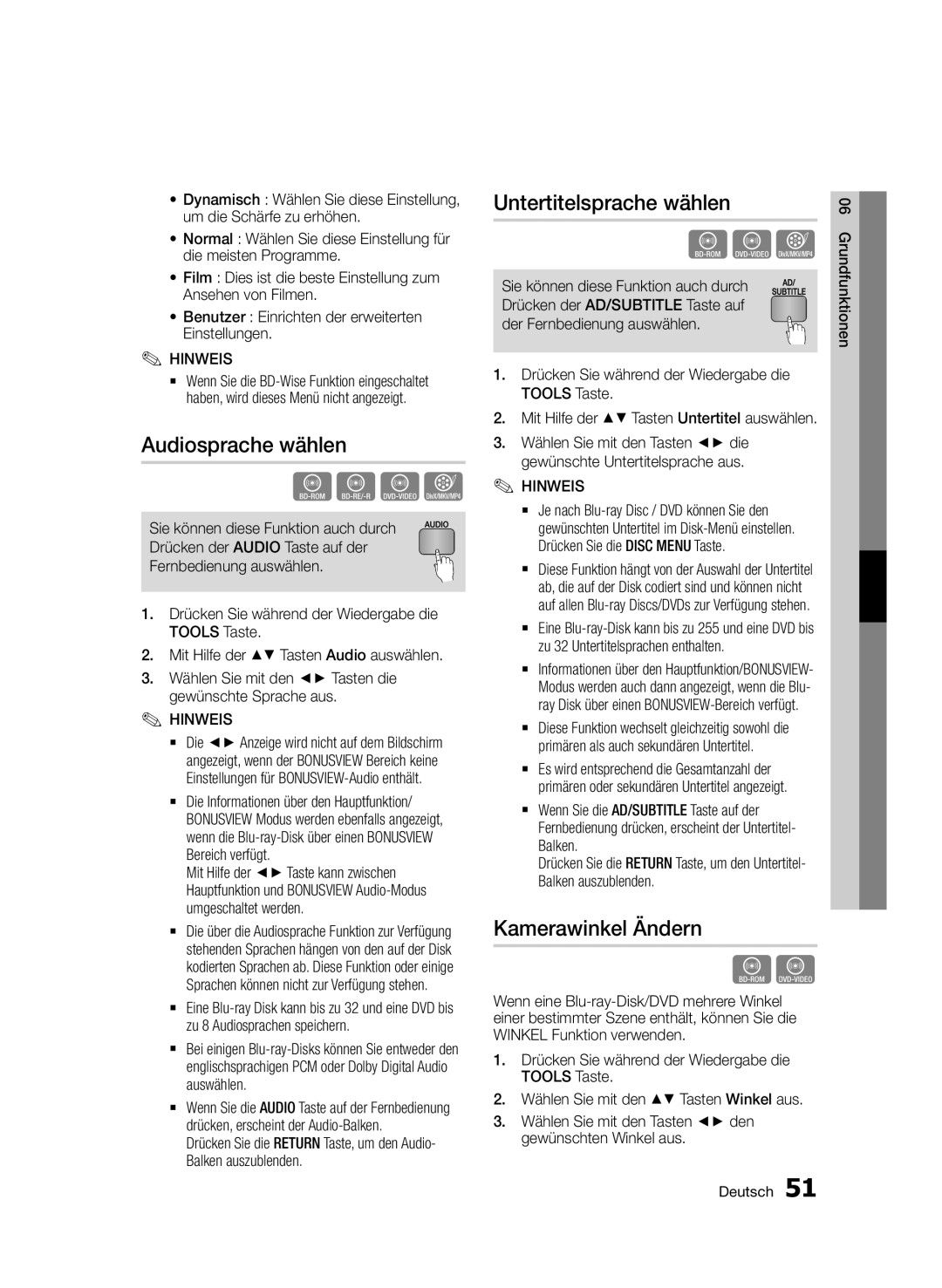 Samsung BD-E6300S/EN manual Audiosprache wählen, Untertitelsprache wählen, Kamerawinkel Ändern 