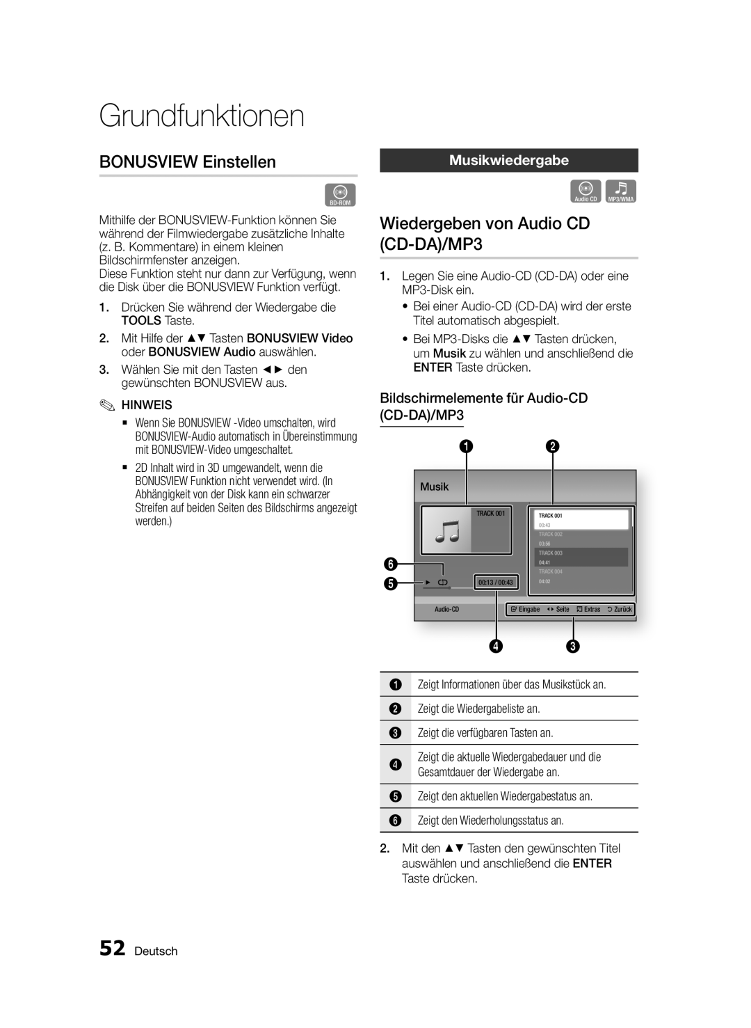 Samsung BD-E6300S/EN manual Bonusview Einstellen, Wiedergeben von Audio CD CD-DA/MP3, Musikwiedergabe 