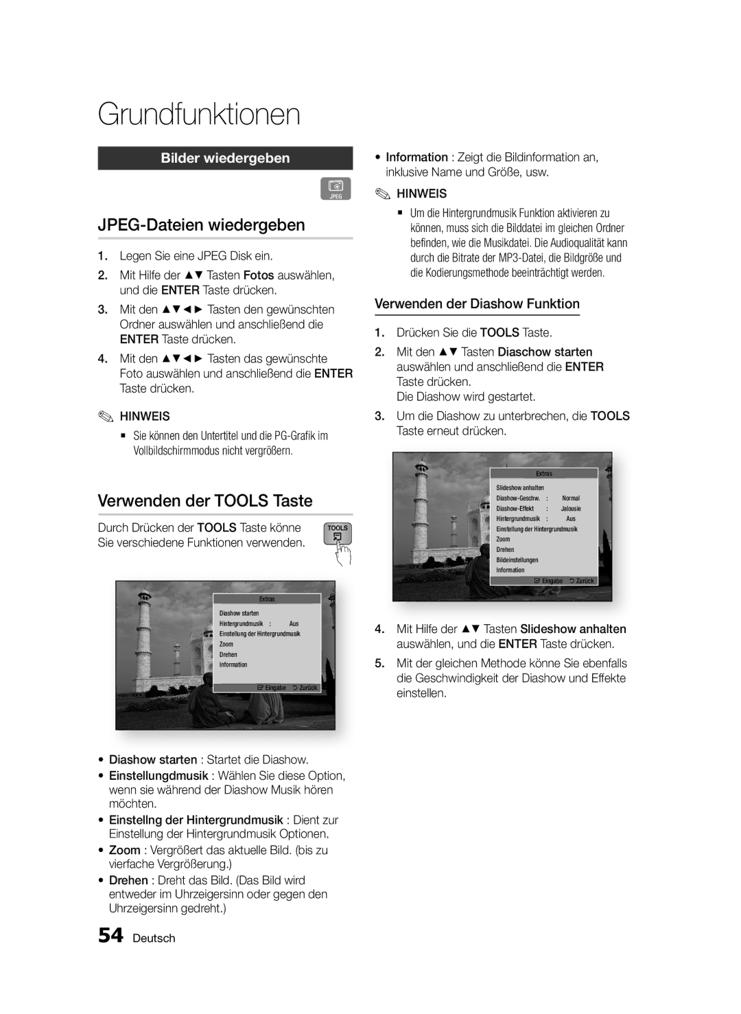 Samsung BD-E6300S/EN JPEG-Dateien wiedergeben, Verwenden der Tools Taste, Bilder wiedergeben, Legen Sie eine Jpeg Disk ein 