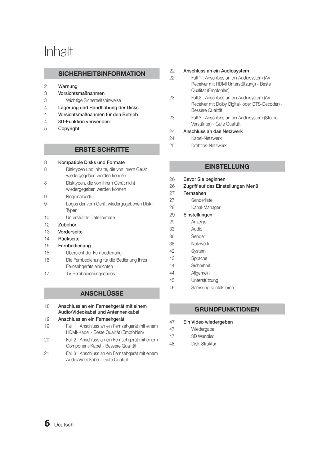 Samsung BD-E6300S/EN manual Inhalt 