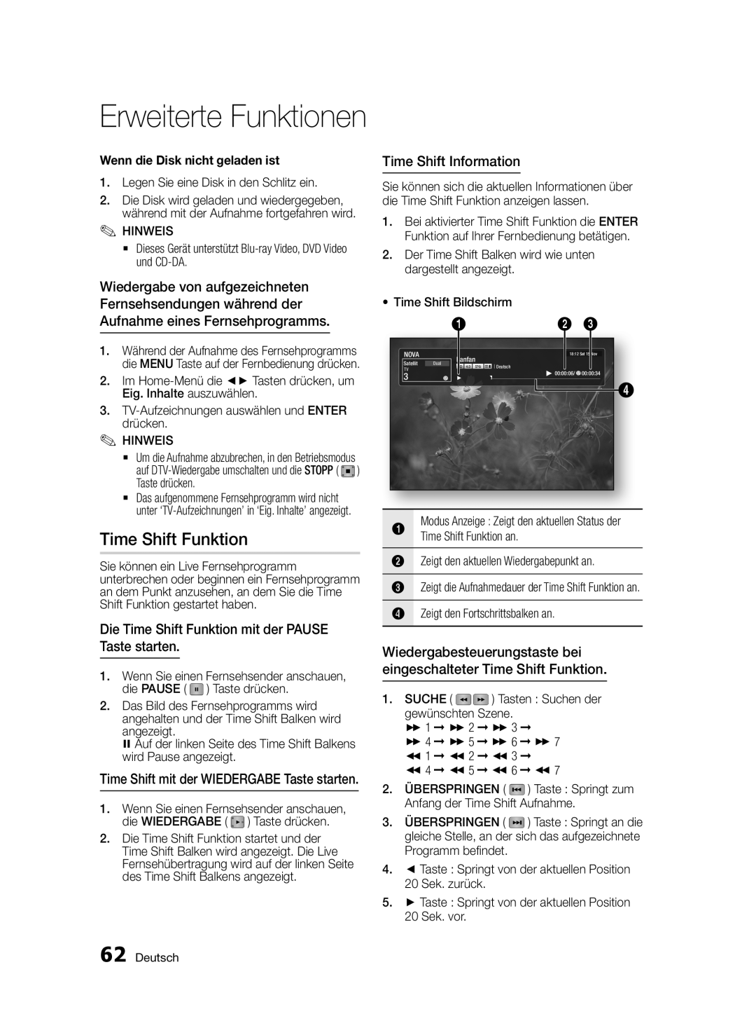 Samsung BD-E6300S/EN manual Die Time Shift Funktion mit der Pause Taste starten, Time Shift Information 