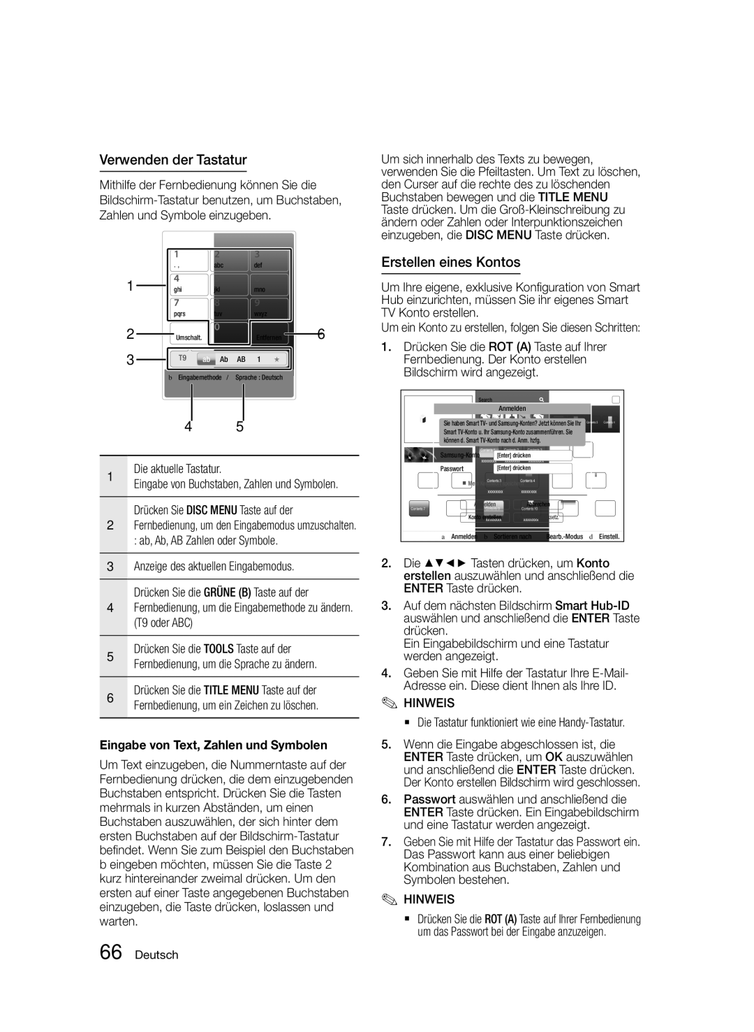 Samsung BD-E6300S/EN Verwenden der Tastatur, Erstellen eines Kontos, Eingabe von Text, Zahlen und Symbolen, T9 oder ABC 