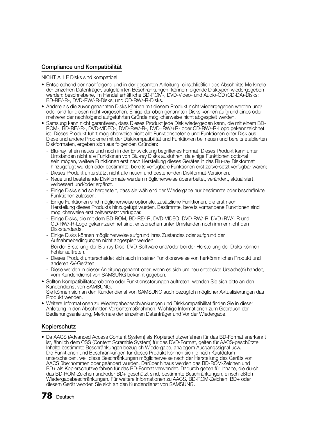 Samsung BD-E6300S/EN manual Compliance und Kompatibilität, Kopierschutz, Nicht Alle Disks sind kompatibel 