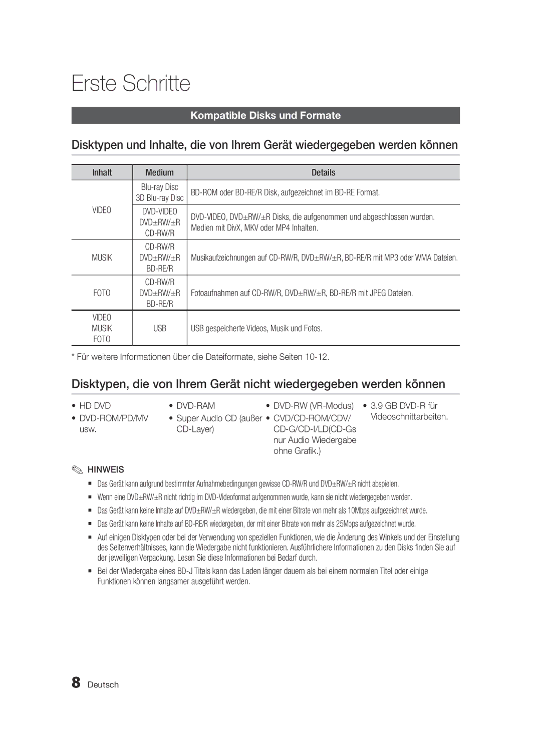 Samsung BD-E6300S/EN manual Erste Schritte, Kompatible Disks und Formate 