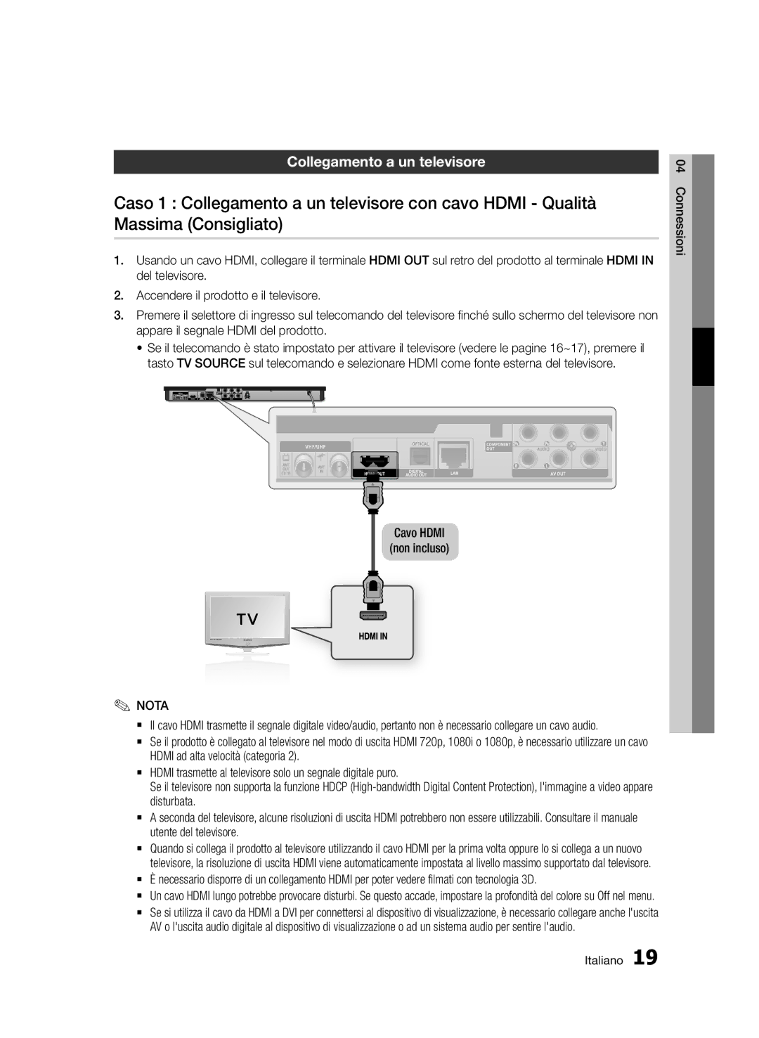 Samsung BD-E6300/ZF manual Collegamento a un televisore, Cavo Hdmi Non incluso 