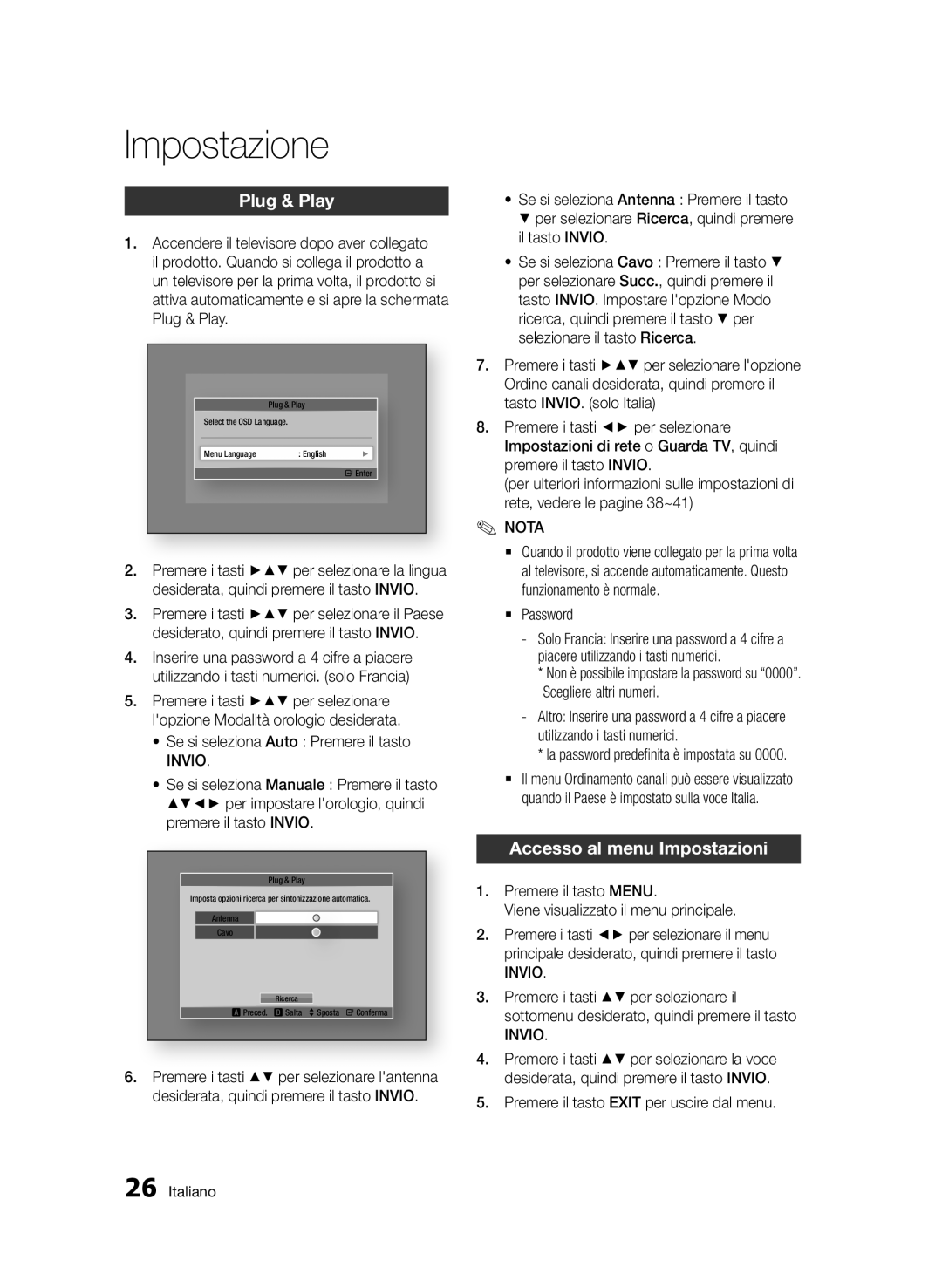 Samsung BD-E6300/ZF manual Impostazione, Plug & Play, Accesso al menu Impostazioni 