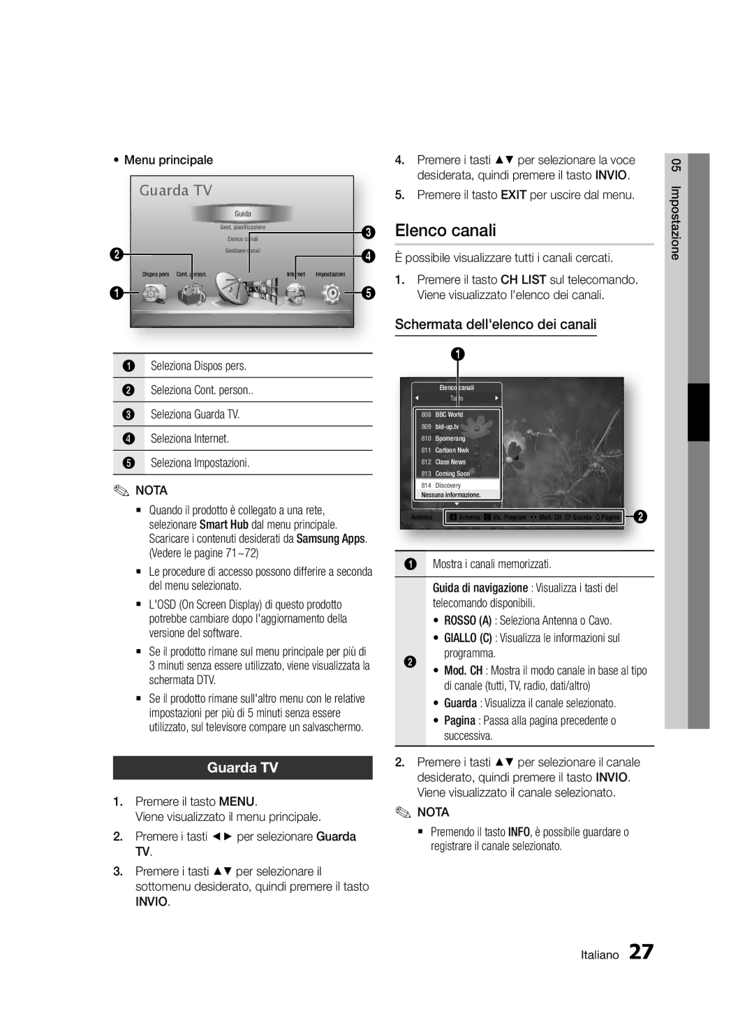 Samsung BD-E6300/ZF manual Elenco canali, Guarda TV, Schermata dellelenco dei canali 