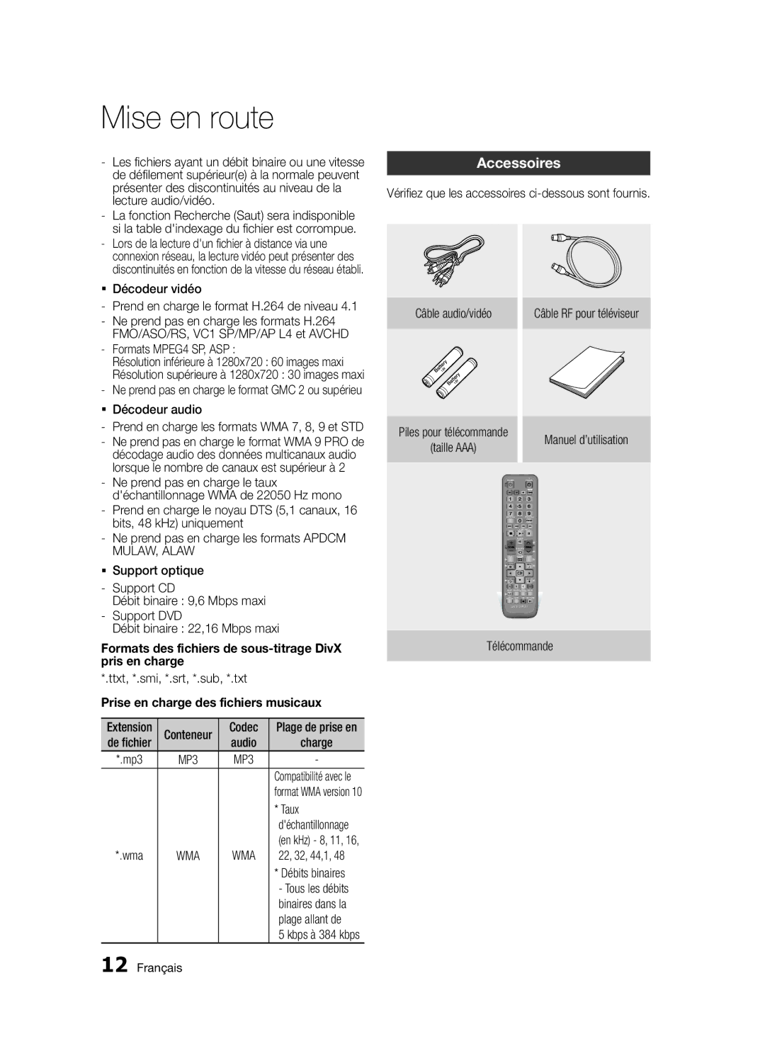 Samsung BD-E6300/ZF manual Accessoires, Pris en charge, Prise en charge des fichiers musicaux 