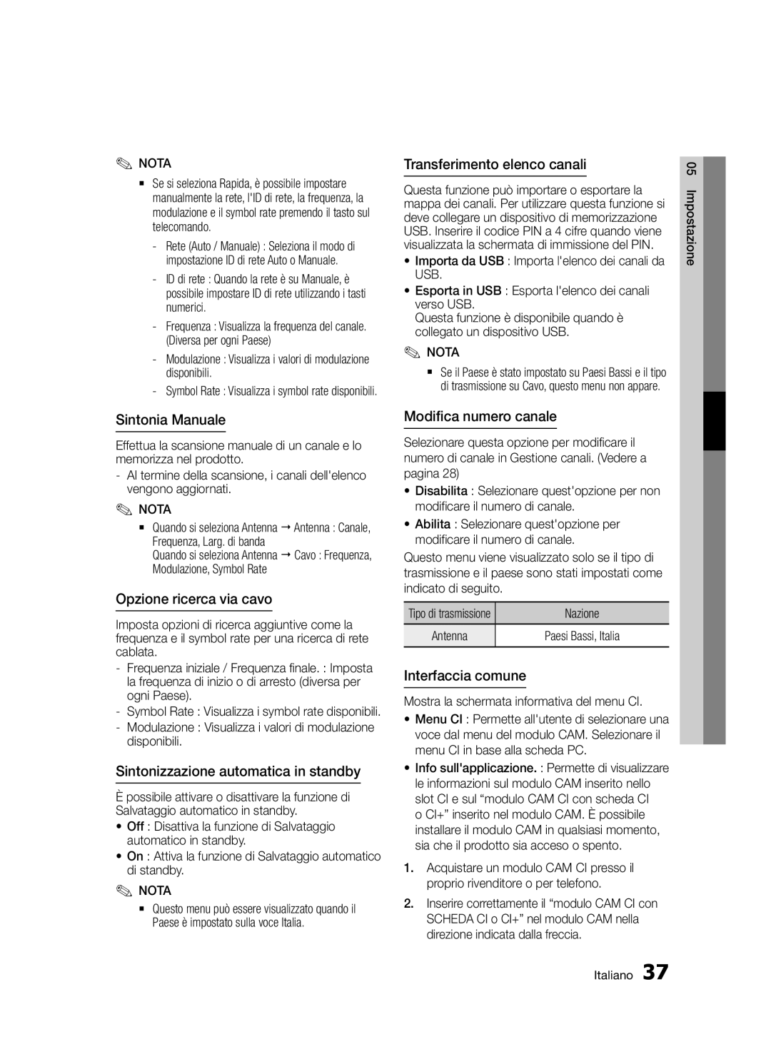 Samsung BD-E6300/ZF manual Opzione ricerca via cavo, Sintonizzazione automatica in standby, Transferimento elenco canali 