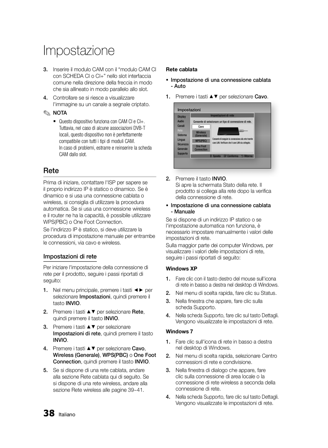 Samsung BD-E6300/ZF manual Impostazioni di rete, Premere i tasti per selezionare Cavo, Rete cablata 