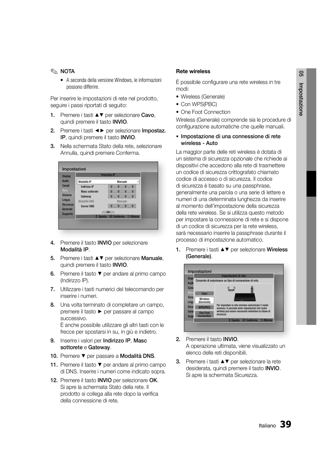 Samsung BD-E6300/ZF manual Rete wireless, ƒƒ Impostazione di una connessione di rete wireless Auto, Premere il tasto Invio 