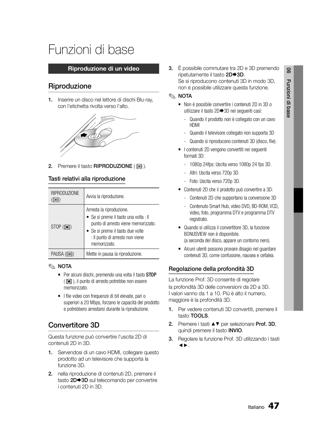 Samsung BD-E6300/ZF manual Funzioni di base, Convertitore 3D, Riproduzione di un video 