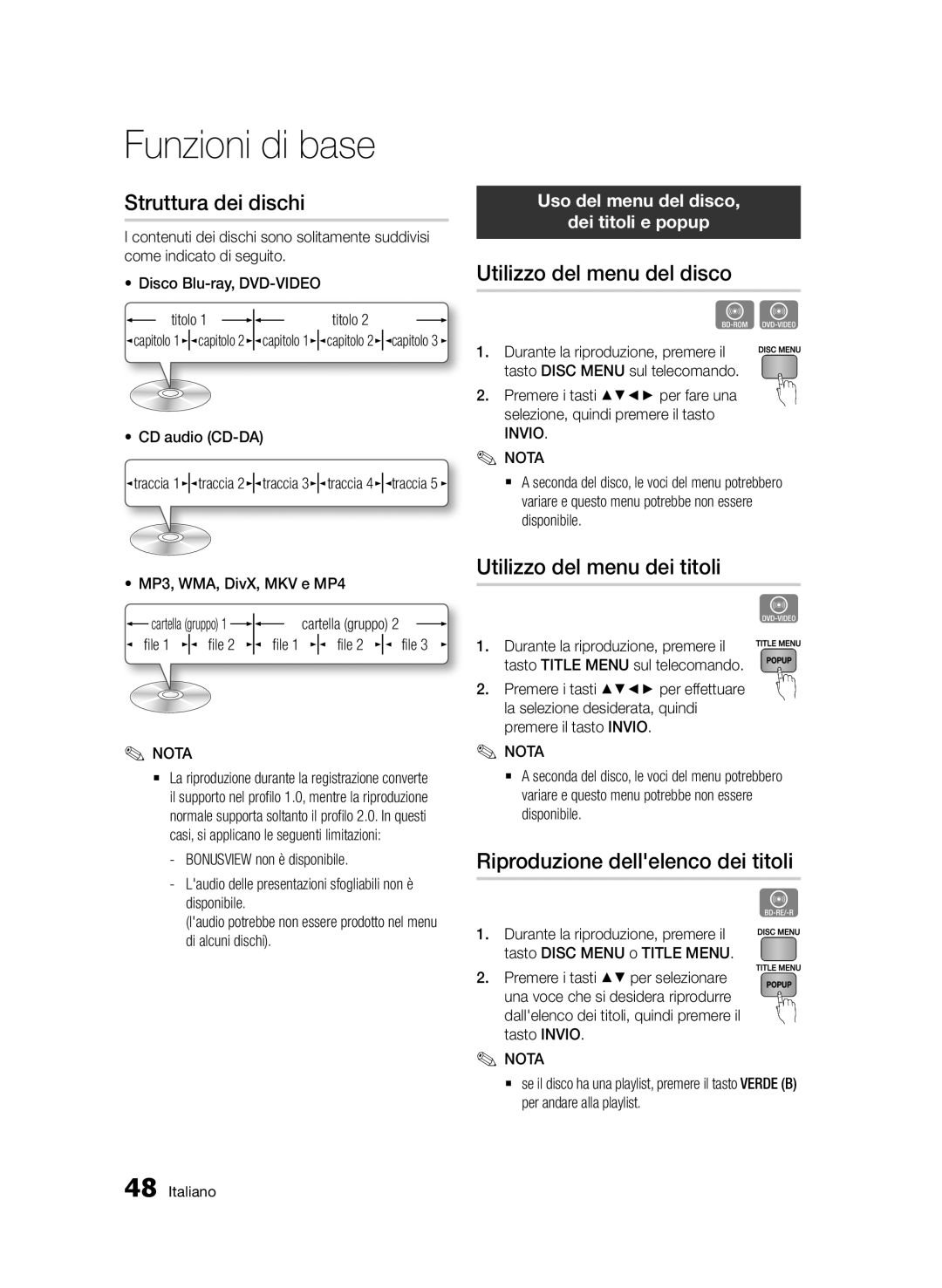 Samsung BD-E6300/ZF manual Struttura dei dischi, Utilizzo del menu del disco, Utilizzo del menu dei titoli 