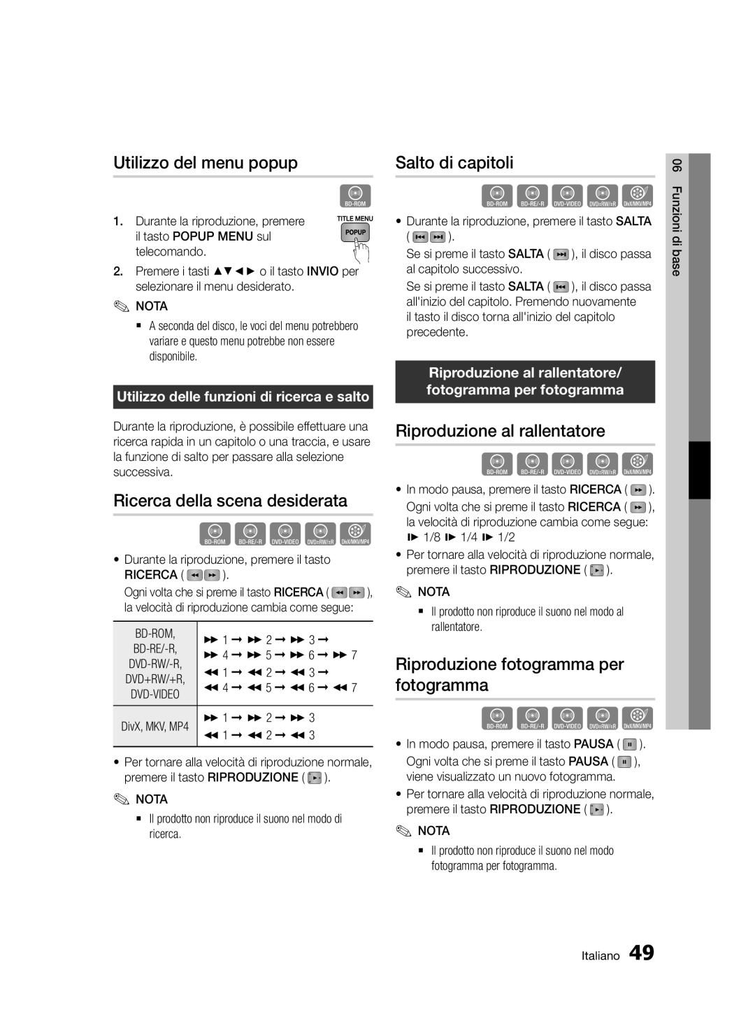 Samsung BD-E6300/ZF manual Utilizzo del menu popup, Ricerca della scena desiderata, Salto di capitoli 