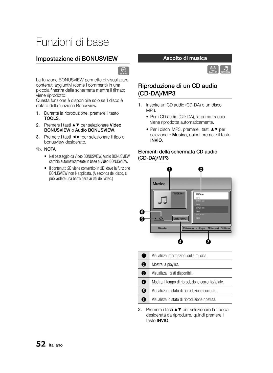 Samsung BD-E6300/ZF manual Impostazione di Bonusview, Riproduzione di un CD audio CD-DA/MP3, Ascolto di musica 