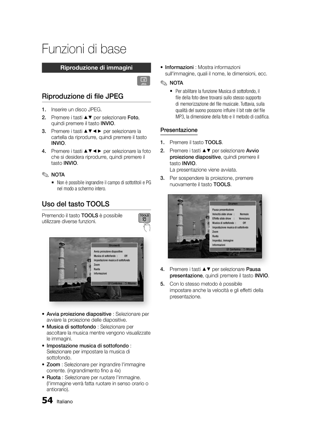 Samsung BD-E6300/ZF manual Riproduzione di file Jpeg, Uso del tasto Tools, Riproduzione di immagini, Presentazione 