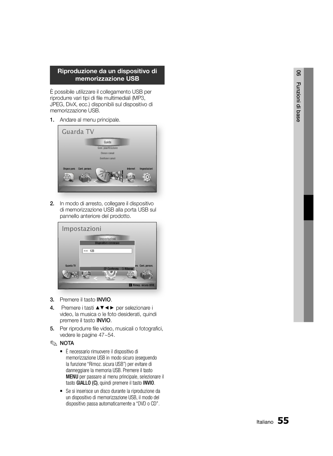 Samsung BD-E6300/ZF manual Riproduzione da un dispositivo di Memorizzazione USB, Modo di arresto, collegare il dispositivo 