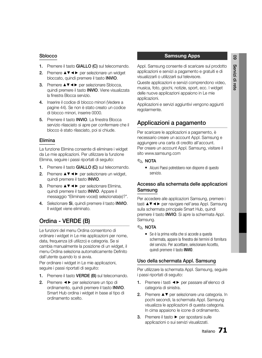 Samsung BD-E6300/ZF manual Ordina Verde B, Applicazioni a pagamento, Samsung Apps 