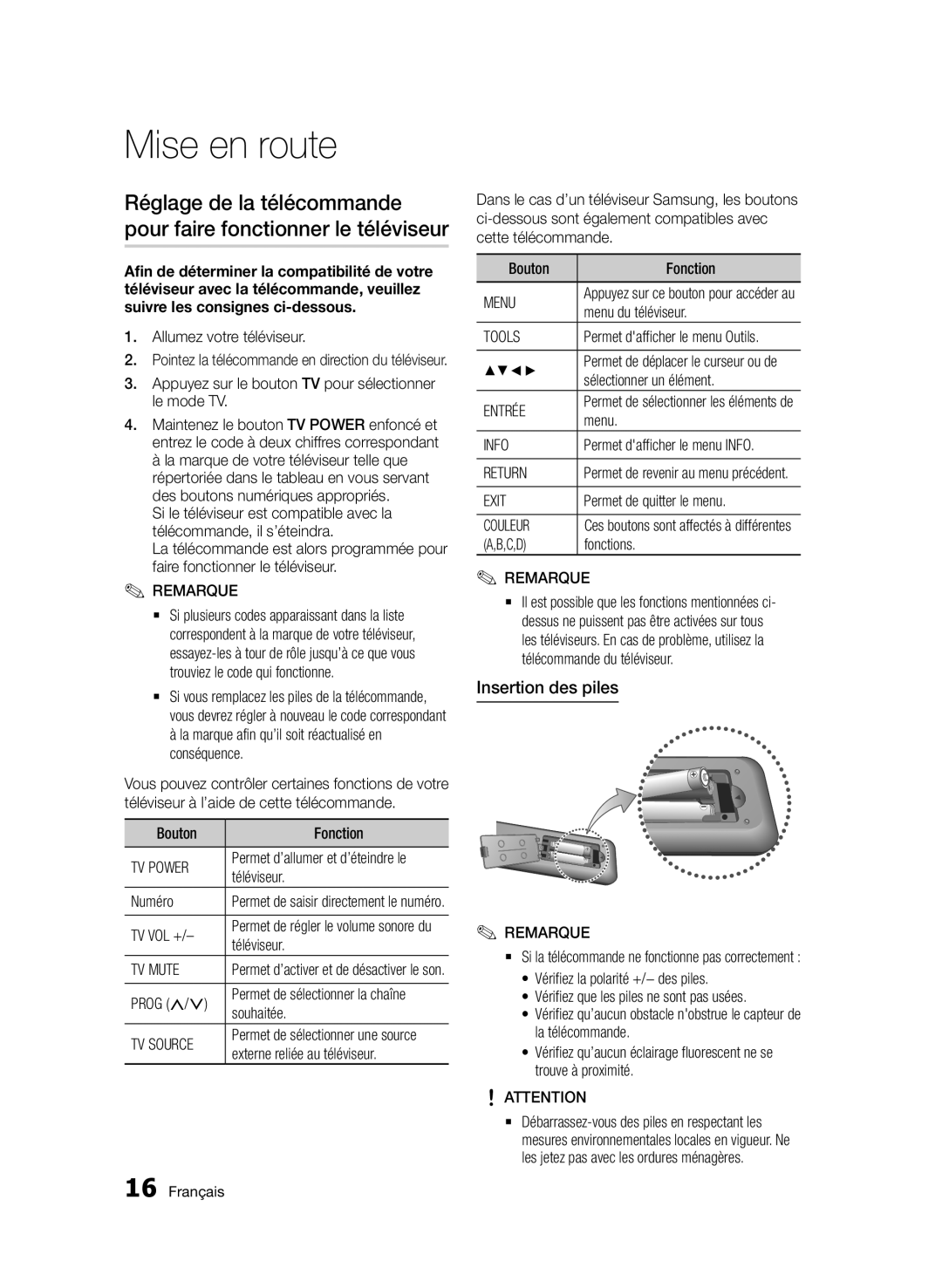 Samsung BD-E6300/ZF manual Insertion des piles 