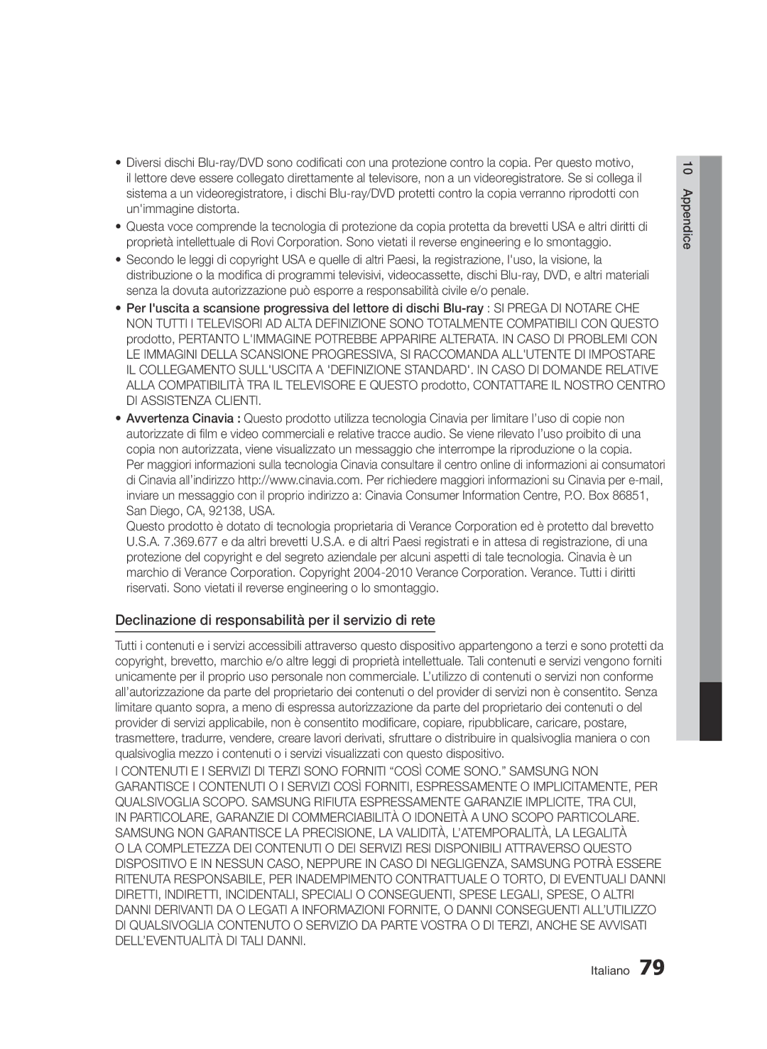 Samsung BD-E6300/ZF manual Declinazione di responsabilità per il servizio di rete 