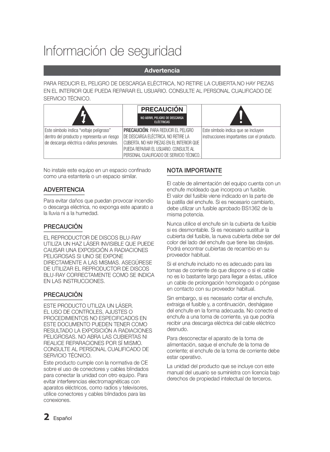 Samsung BD-E6300/ZF manual Información de seguridad, Advertencia, Este símbolo indica que se incluyen 