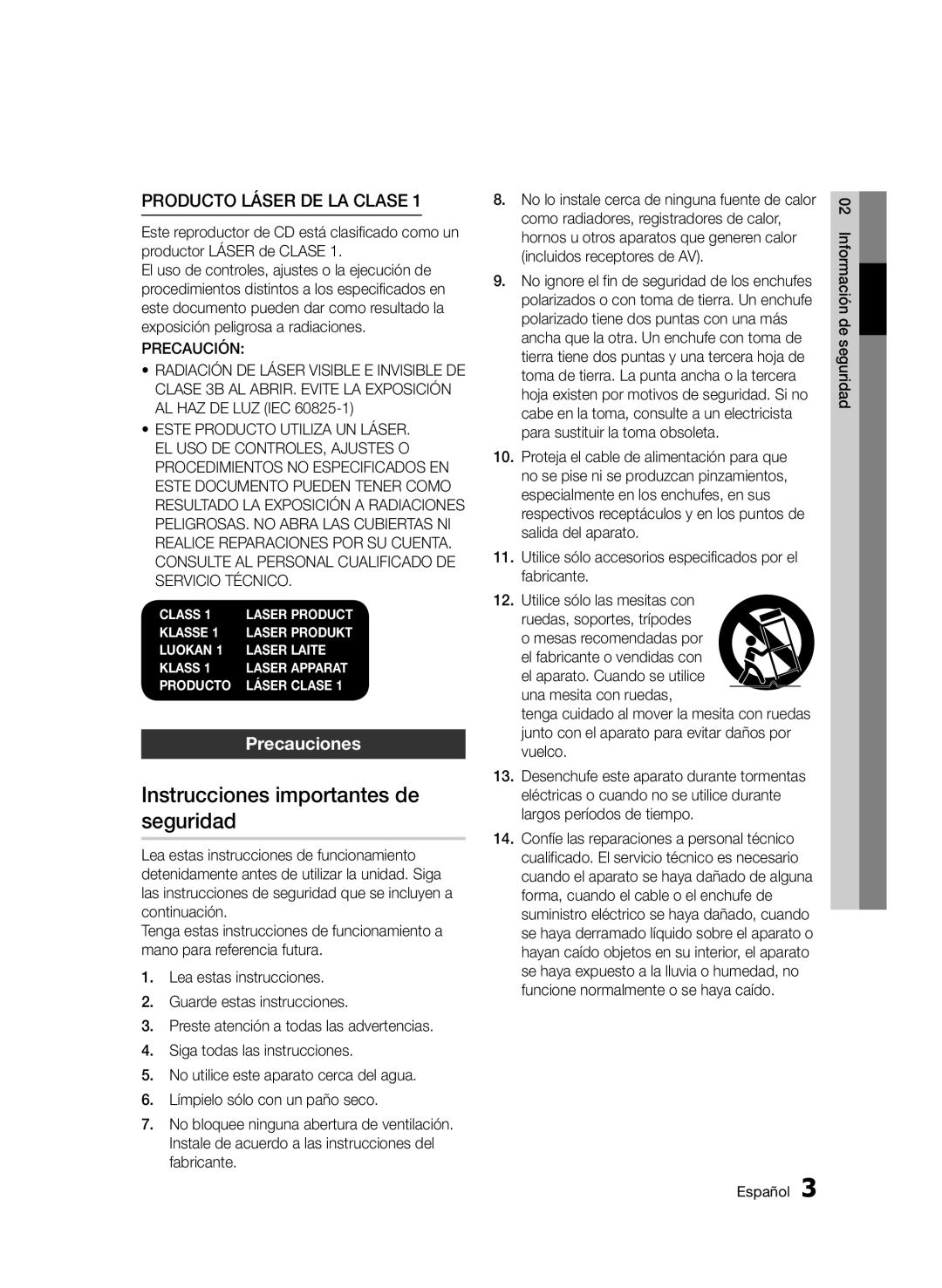 Samsung BD-E6300/ZF manual Instrucciones importantes de seguridad, Precauciones 