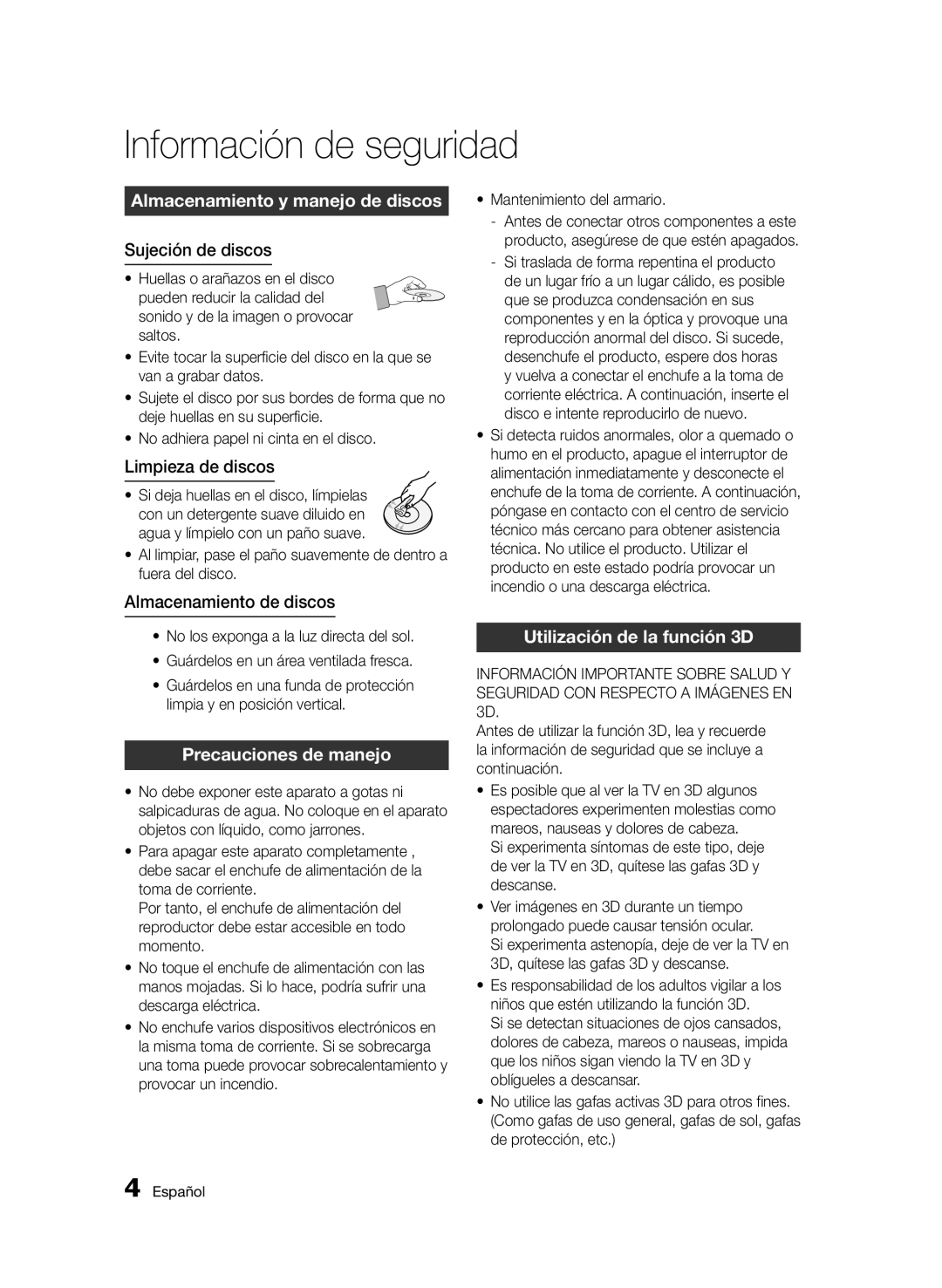 Samsung BD-E6300/ZF manual Almacenamiento y manejo de discos, Precauciones de manejo, Utilización de la función 3D 