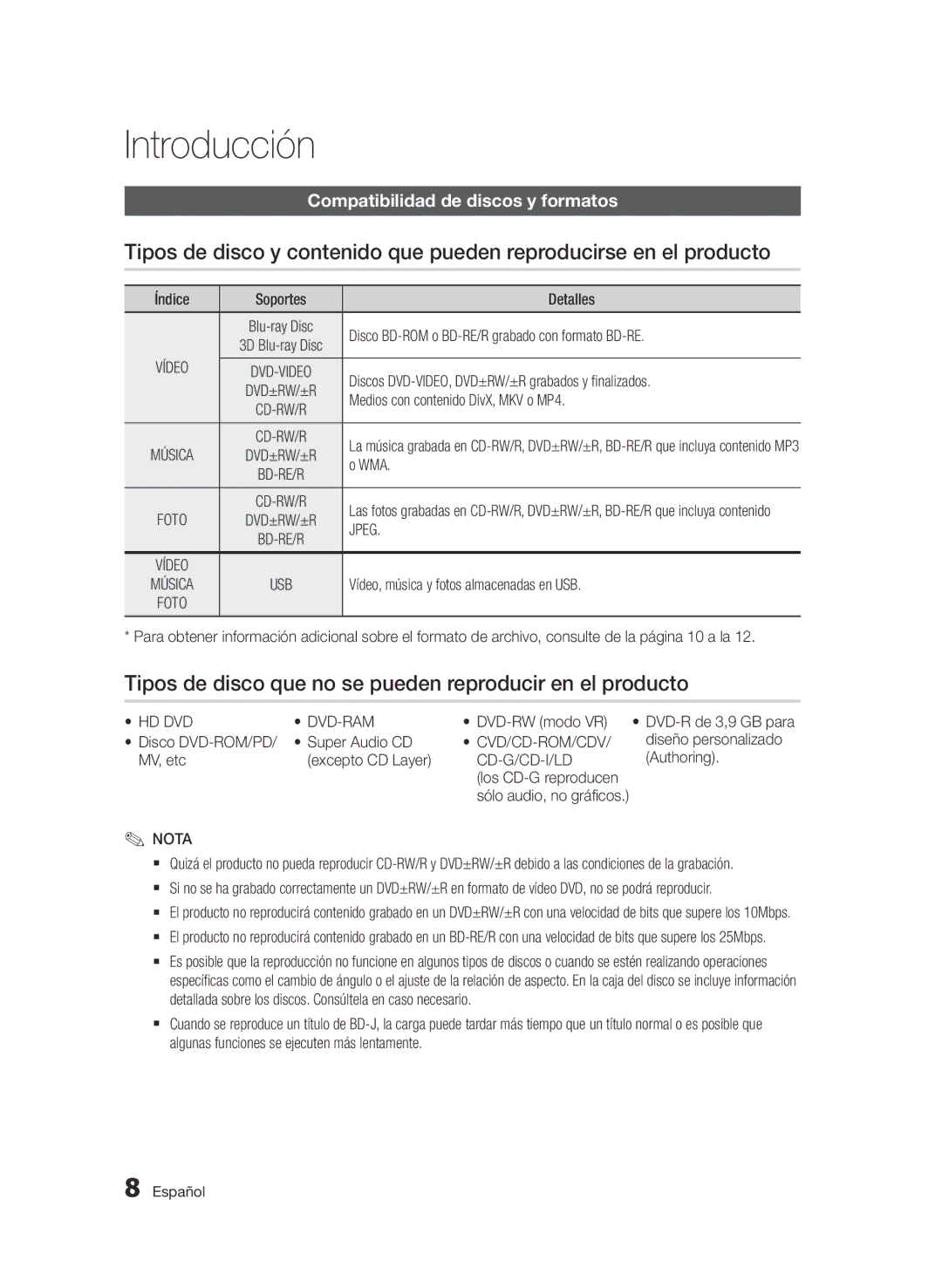 Samsung BD-E6300/ZF manual Introducción, Tipos de disco que no se pueden reproducir en el producto, Vídeo, Foto 