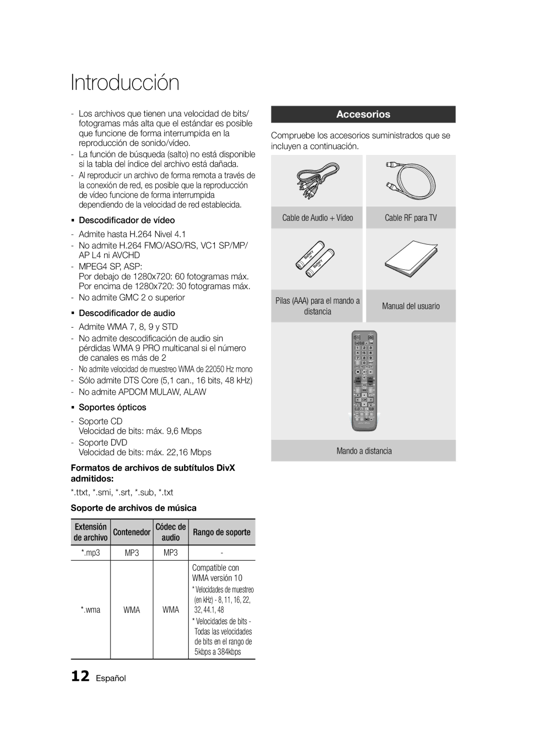 Samsung BD-E6300/ZF manual Accesorios, Admitidos, Soporte de archivos de música 