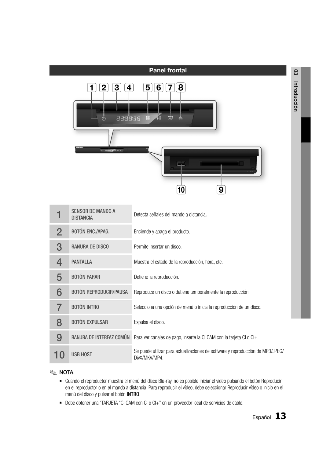 Samsung BD-E6300/ZF manual Panel frontal, Botón Parar 