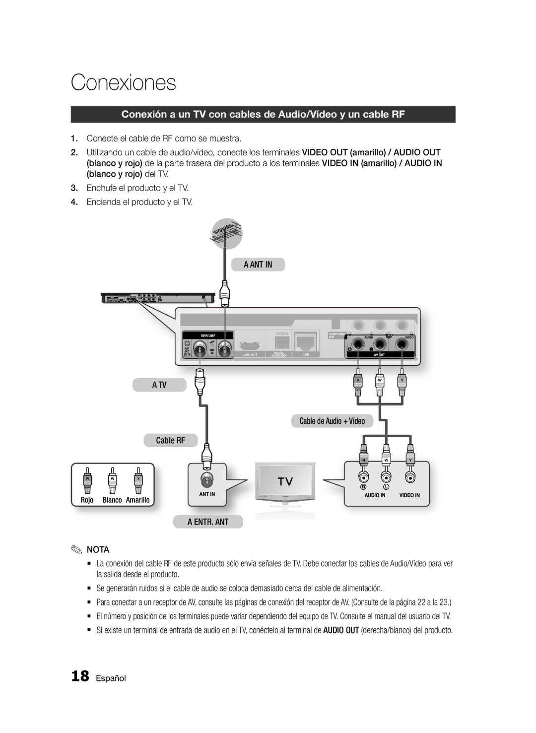 Samsung BD-E6300/ZF manual Conexiones, Conexión a un TV con cables de Audio/Vídeo y un cable RF, Ant, ENTR. ANT Nota 