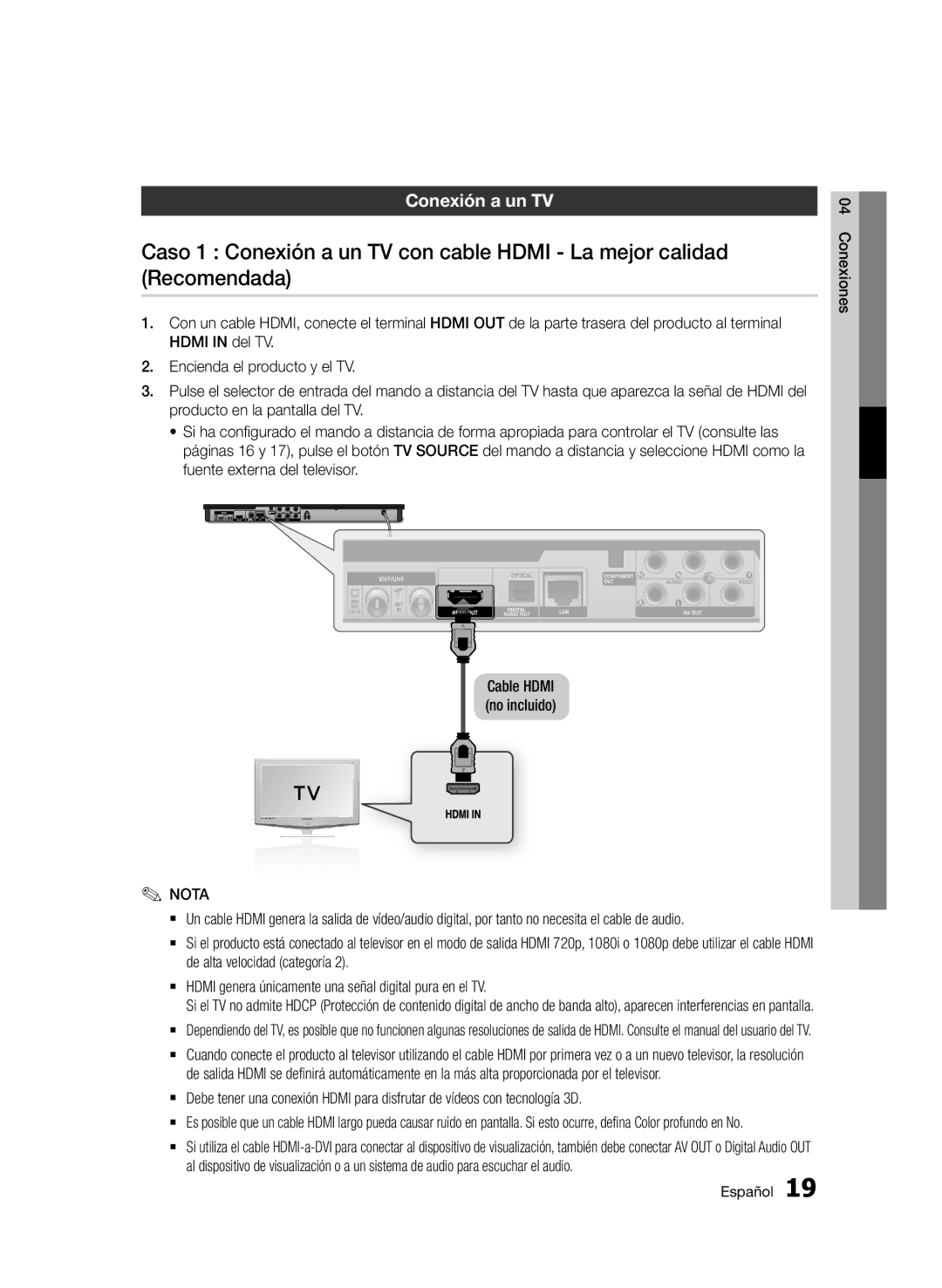 Samsung BD-E6300/ZF manual Conexión a un TV, Cable Hdmi no incluido 