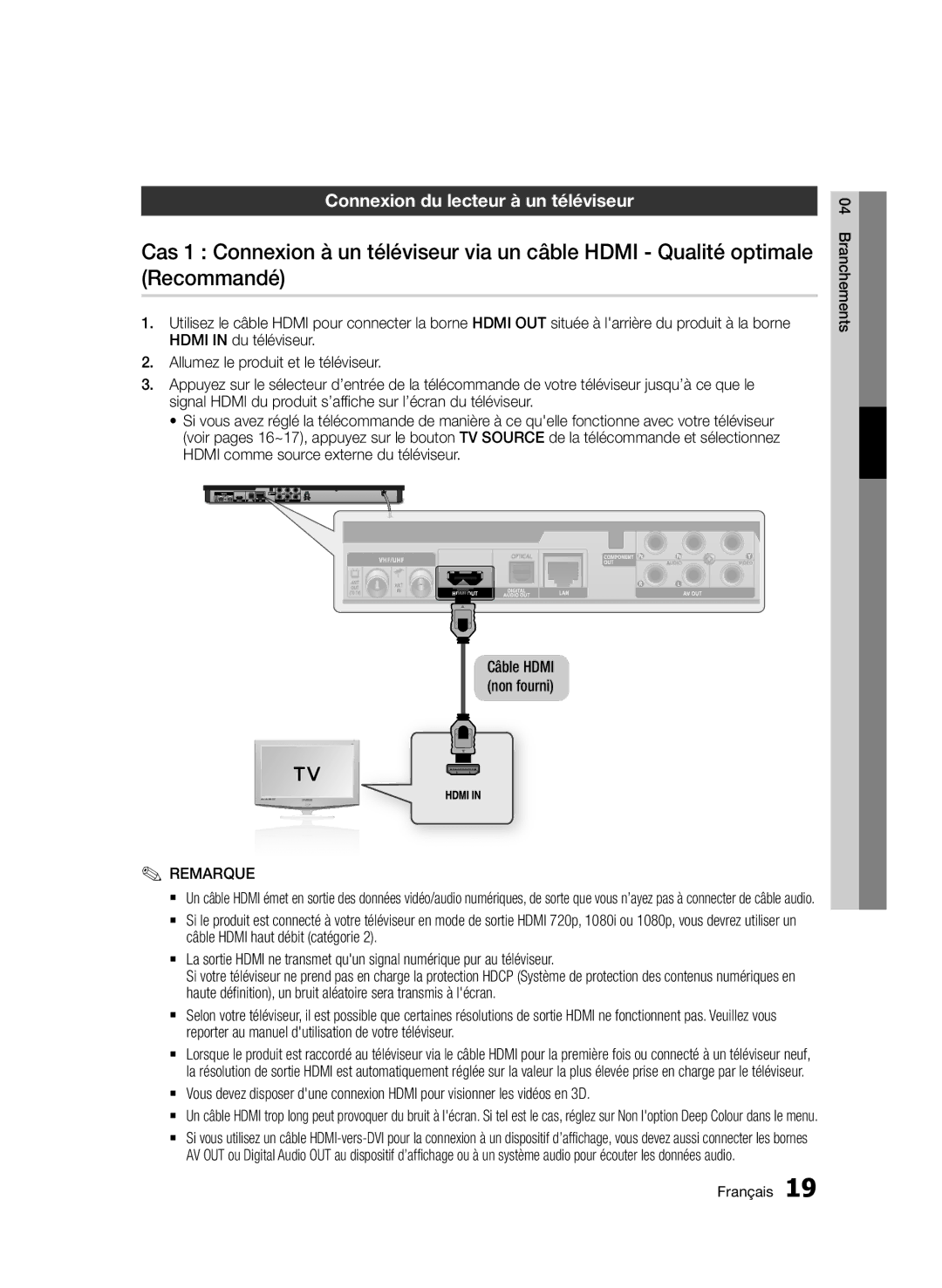 Samsung BD-E6300/ZF manual Connexion du lecteur à un téléviseur 