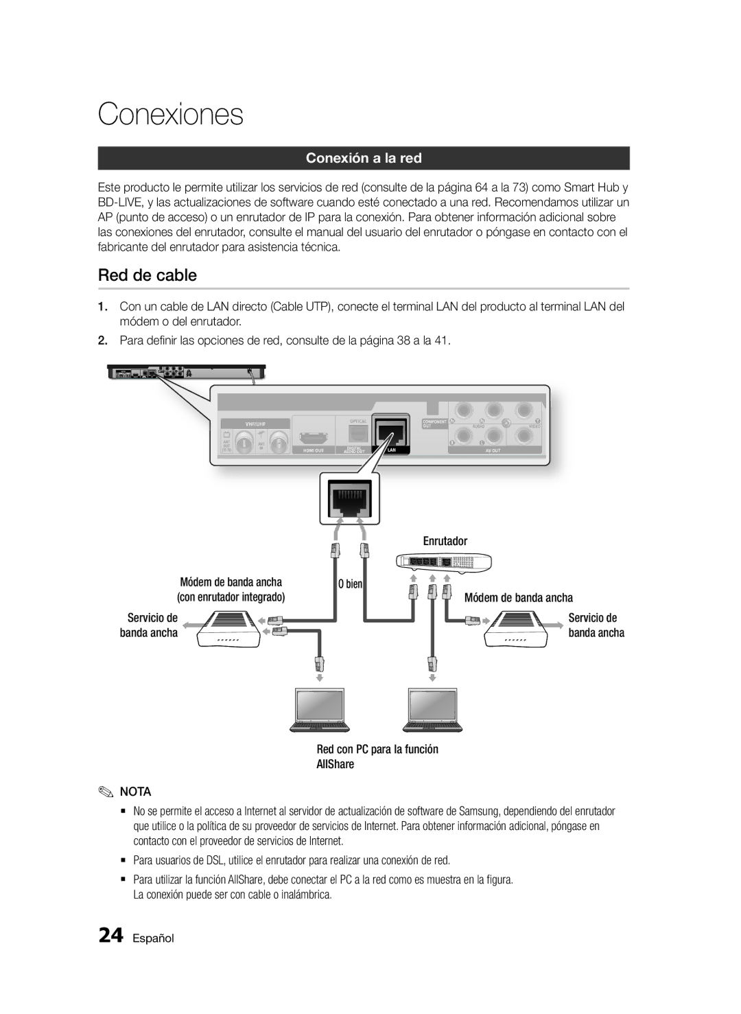 Samsung BD-E6300/ZF manual Red de cable, Conexión a la red, Red con PC para la función AllShare, Servicio de 