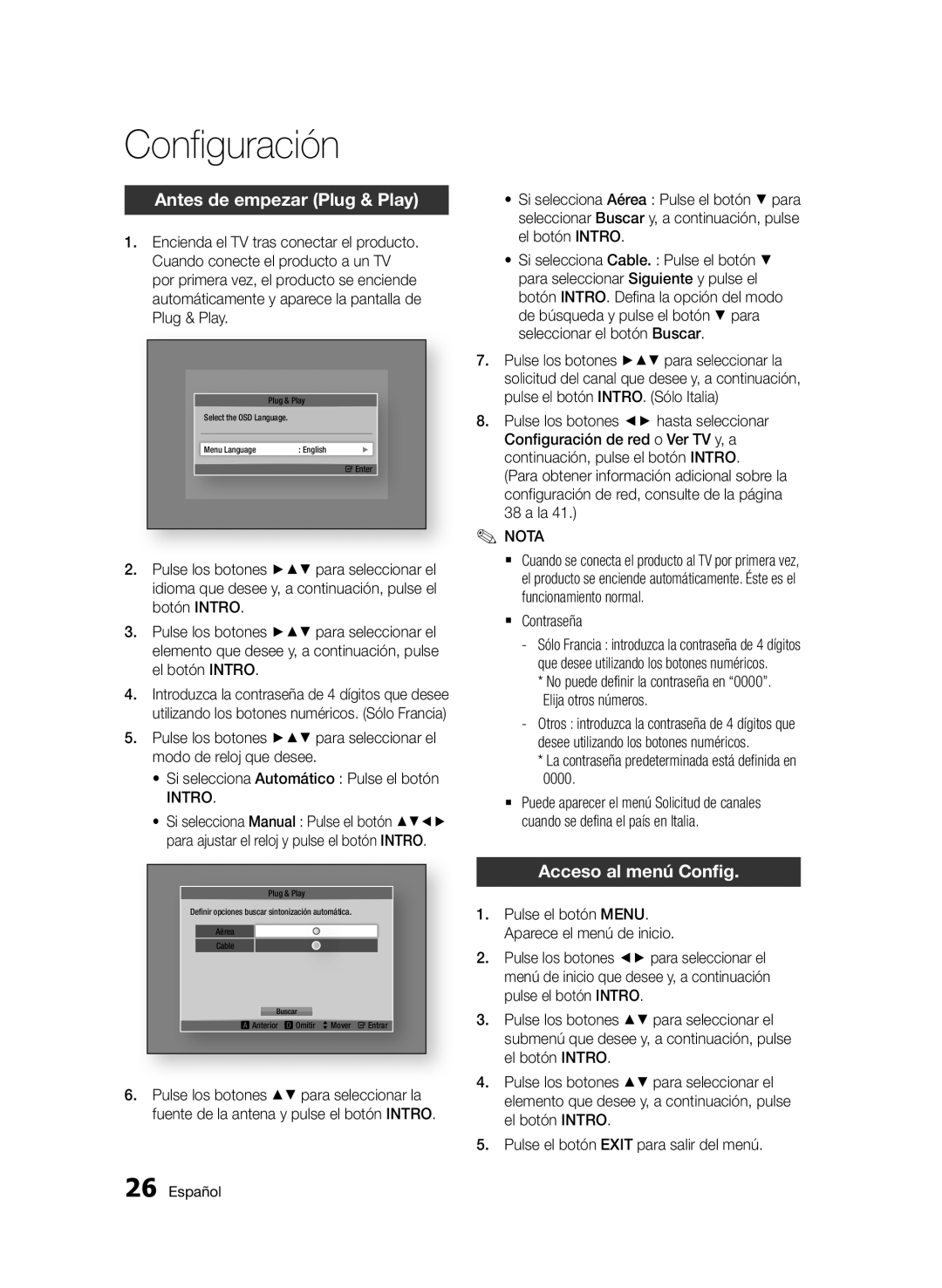 Samsung BD-E6300/ZF manual Configuración, Antes de empezar Plug & Play, Acceso al menú Config 