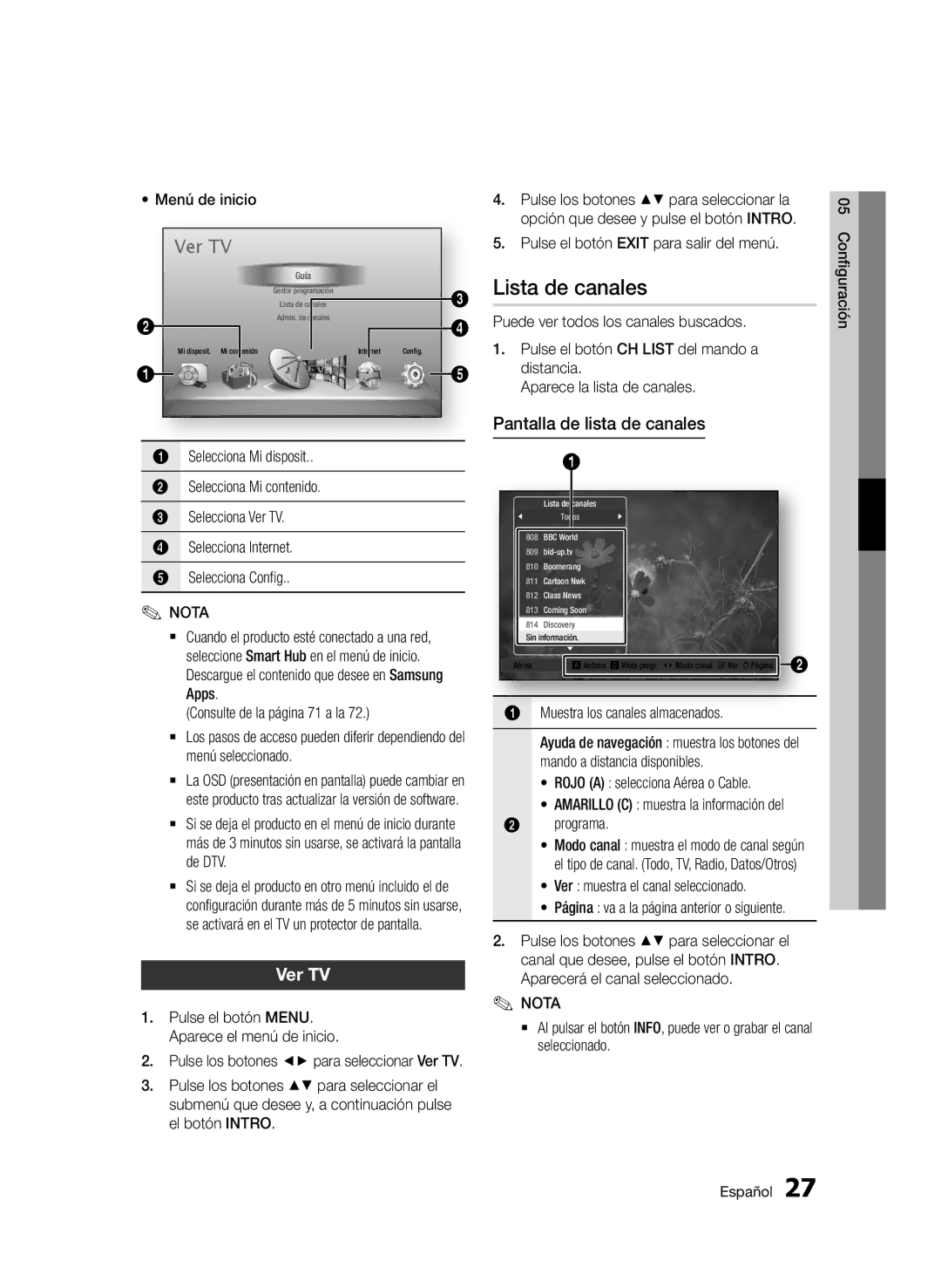 Samsung BD-E6300/ZF manual Lista de canales, Ver TV, Pantalla de lista de canales 