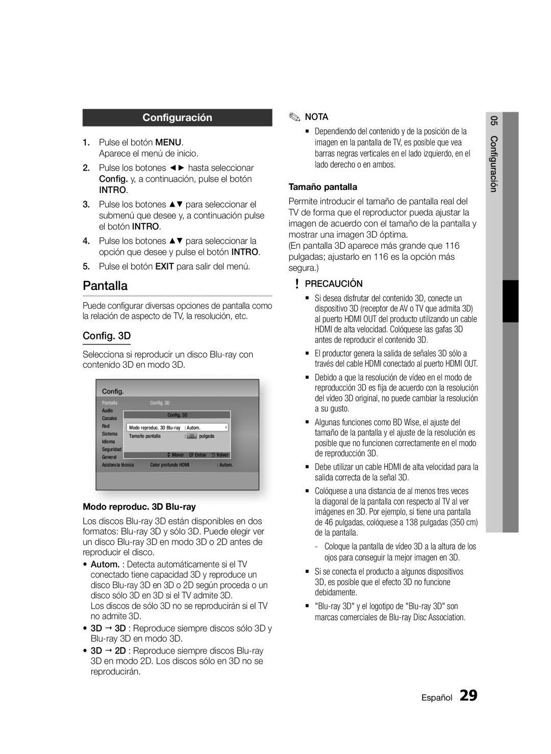 Samsung BD-E6300/ZF manual Pantalla, Configuración, Config D, Modo reproduc D Blu-ray, Tamaño pantalla 