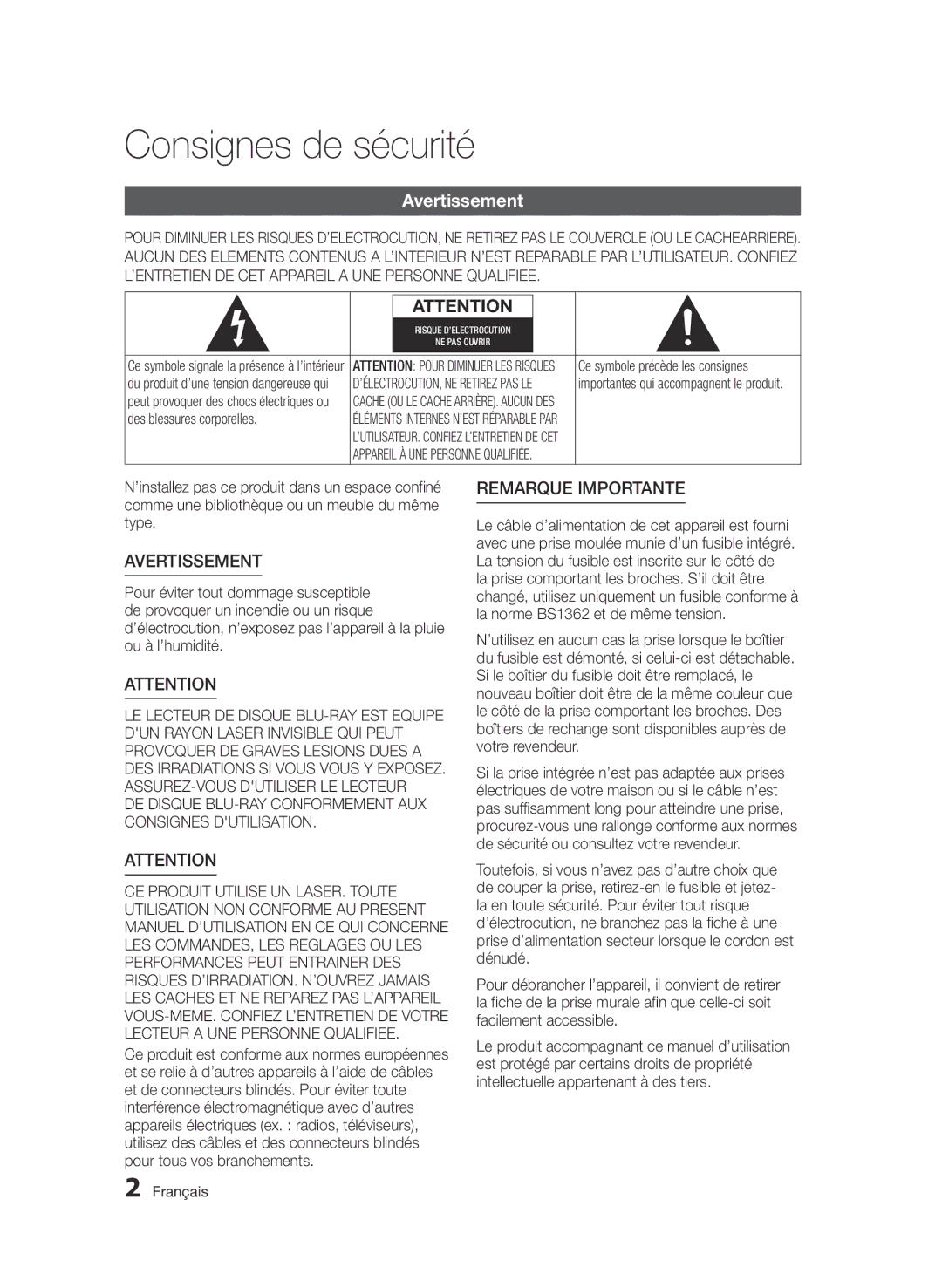 Samsung BD-E6300/ZF manual Consignes de sécurité, Avertissement, DE Disque BLU-RAY Conformement AUX Consignes Dutilisation 